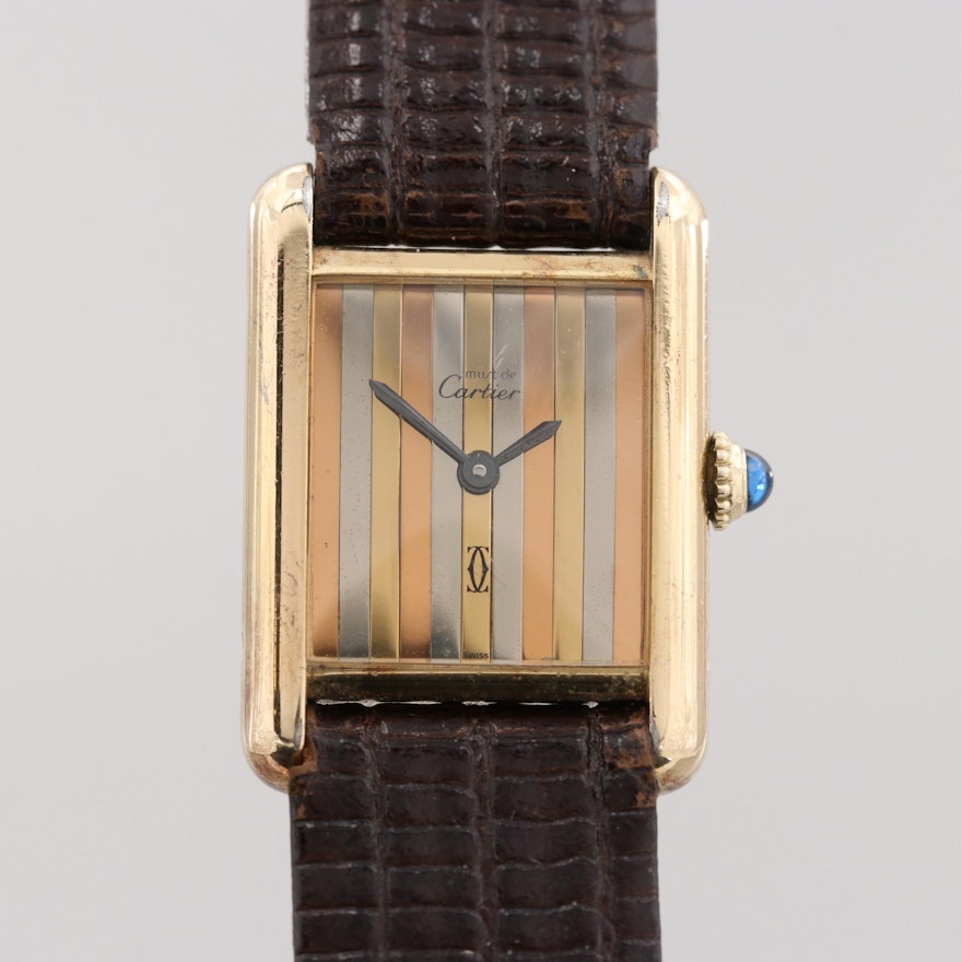 Cartier Tank Vermeil Gold Wash On Sterling Silver Stem Wind Wristwatch