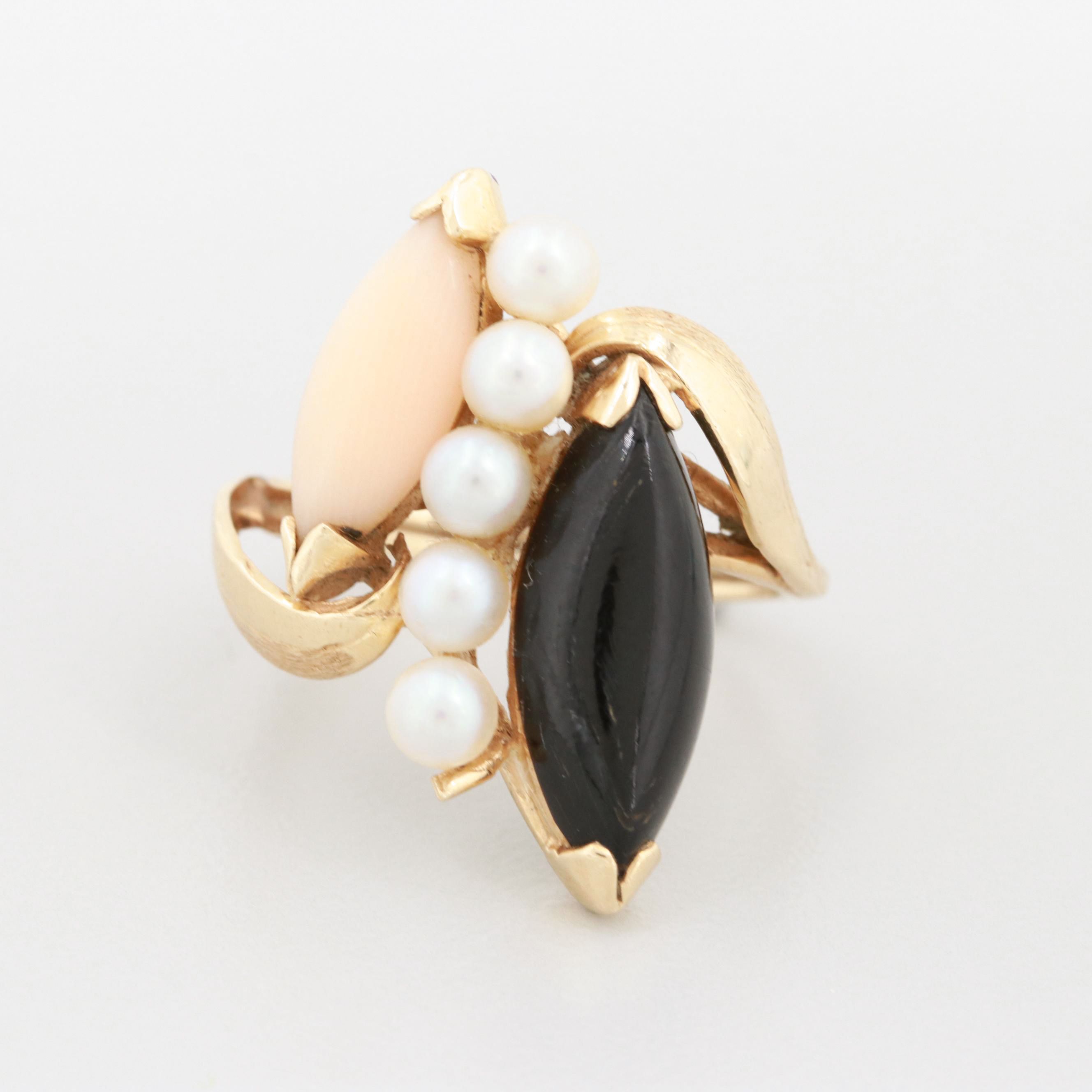 14K Yellow Gold Black Coral, Cultured Pearl and Angel Skin Coral Ring