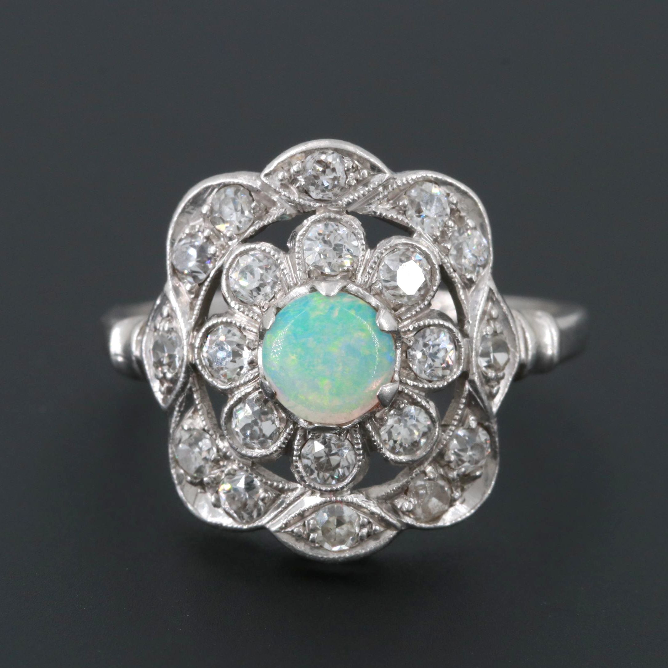 Vintage Platinum Opal and Diamond Ring