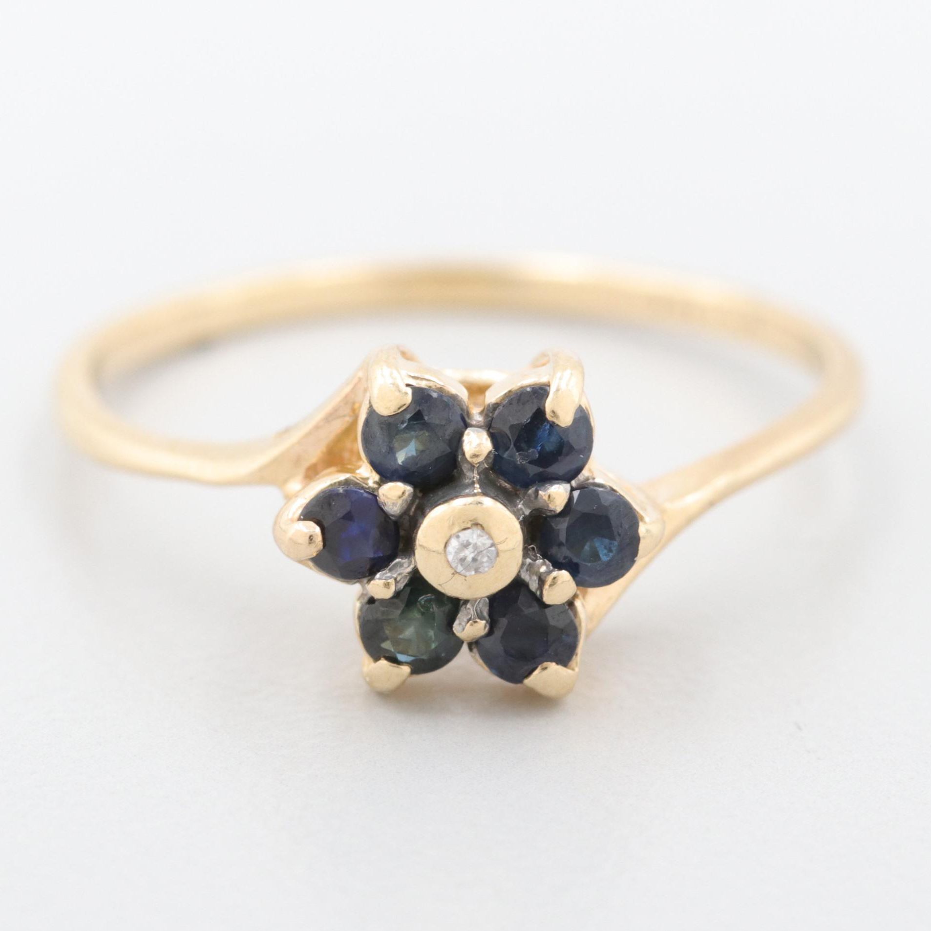 14K Yellow Gold Diamond and Blue Sapphire Ring