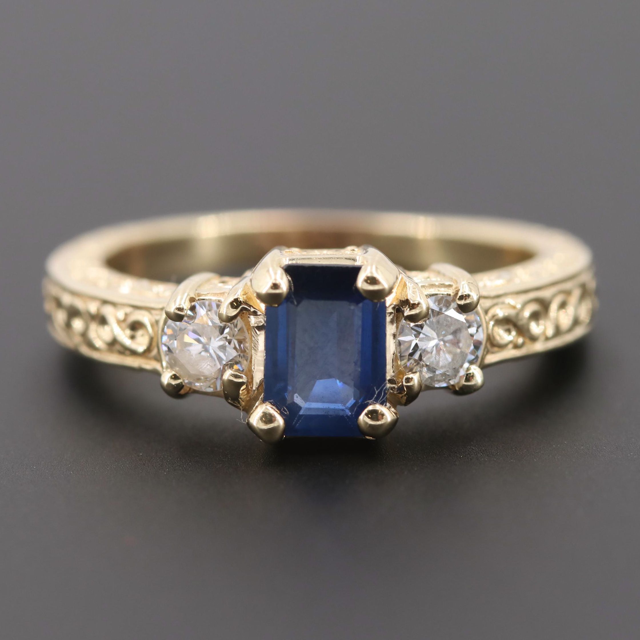 Antique Style 14K Yellow Gold Blue Sapphire and Diamond Ring