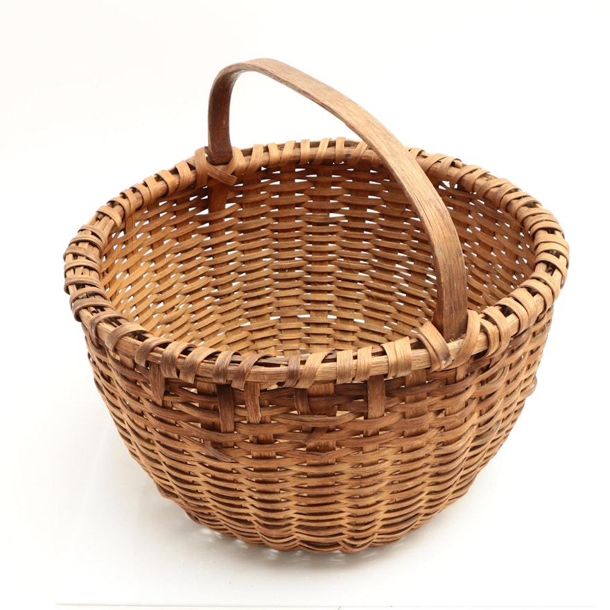 New England Splint Woven Round Handled Basket, Early 20th Century