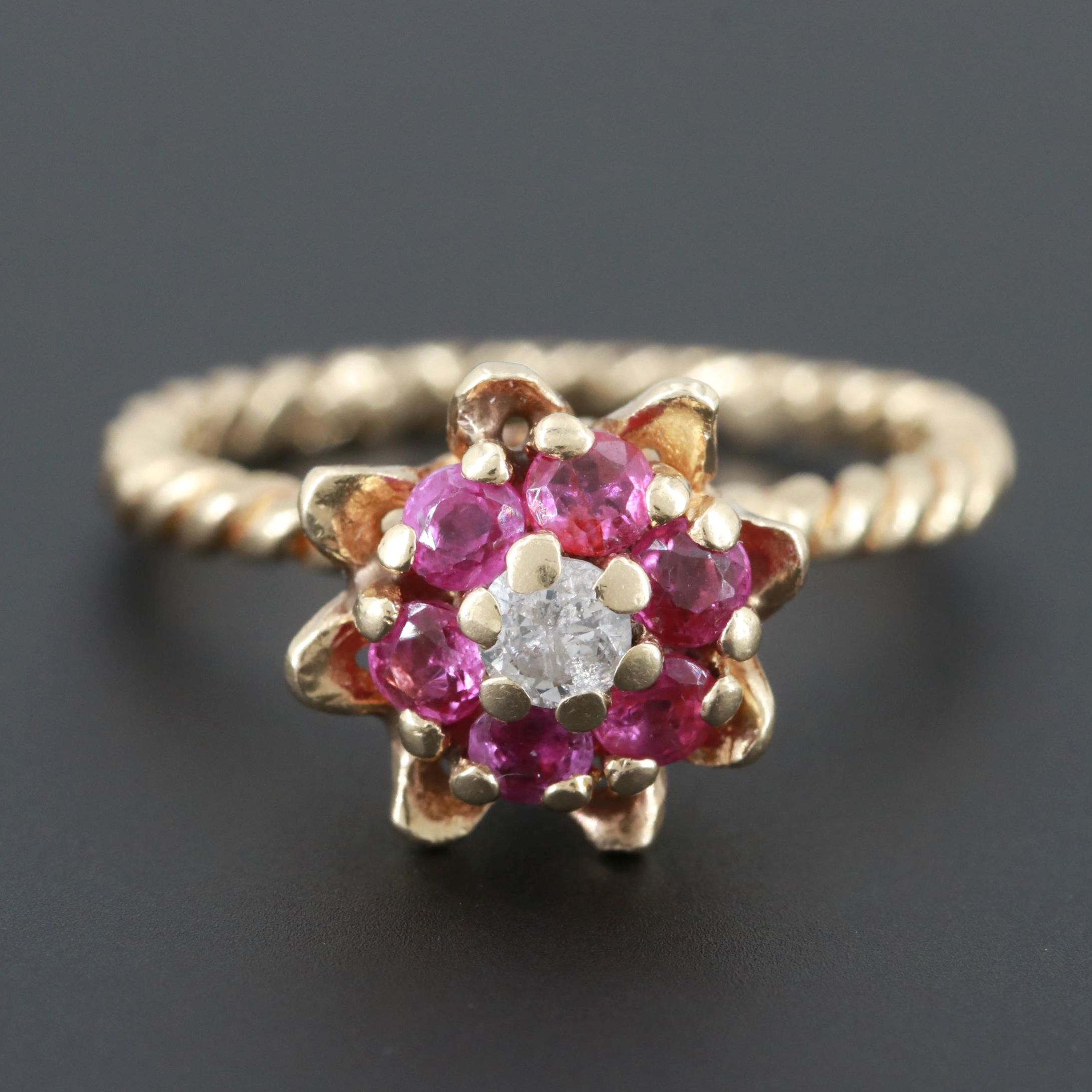 14K Yellow Gold Diamond and Ruby Floral Motif Ring