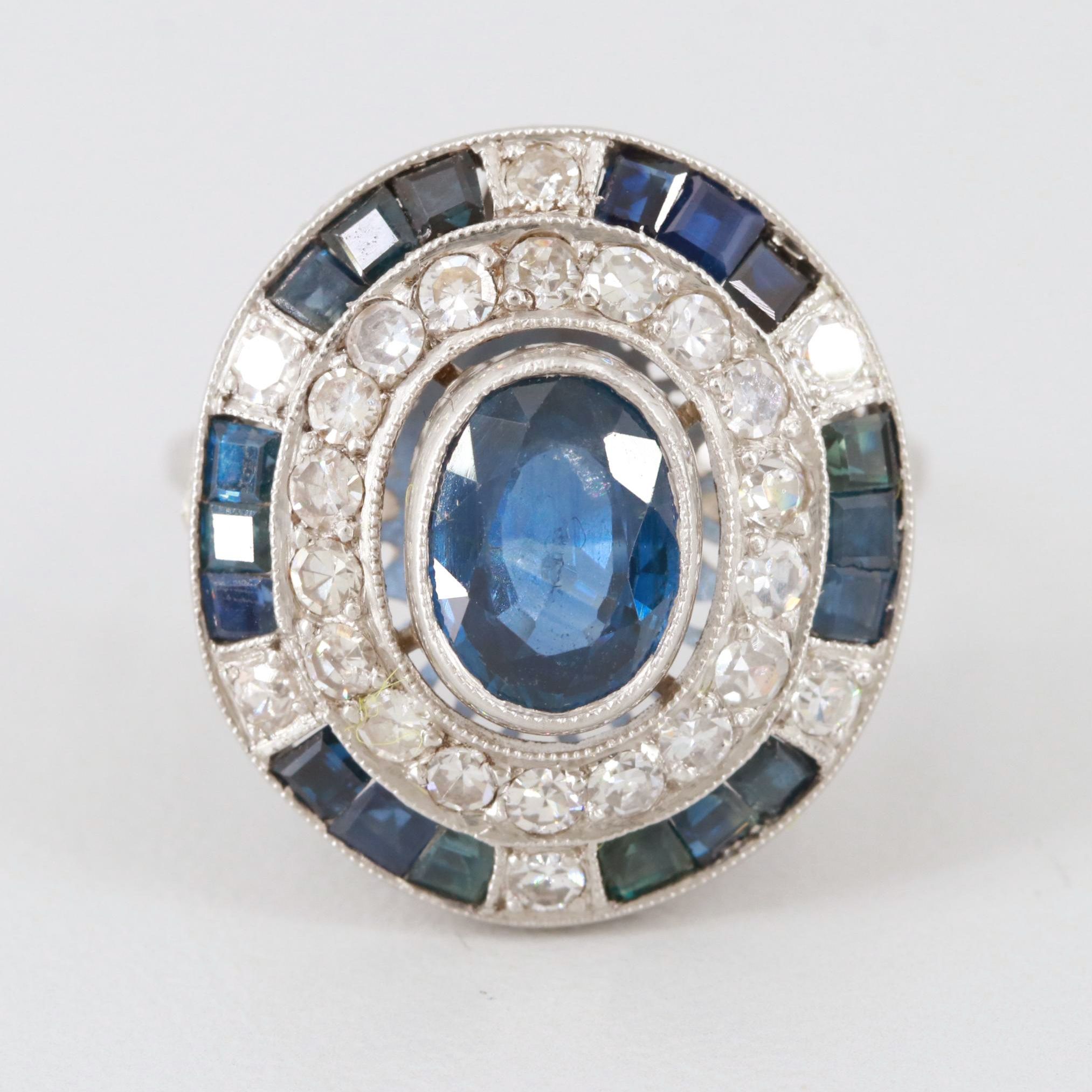 Art Deco Platinum Blue Sapphire and Diamond Ring