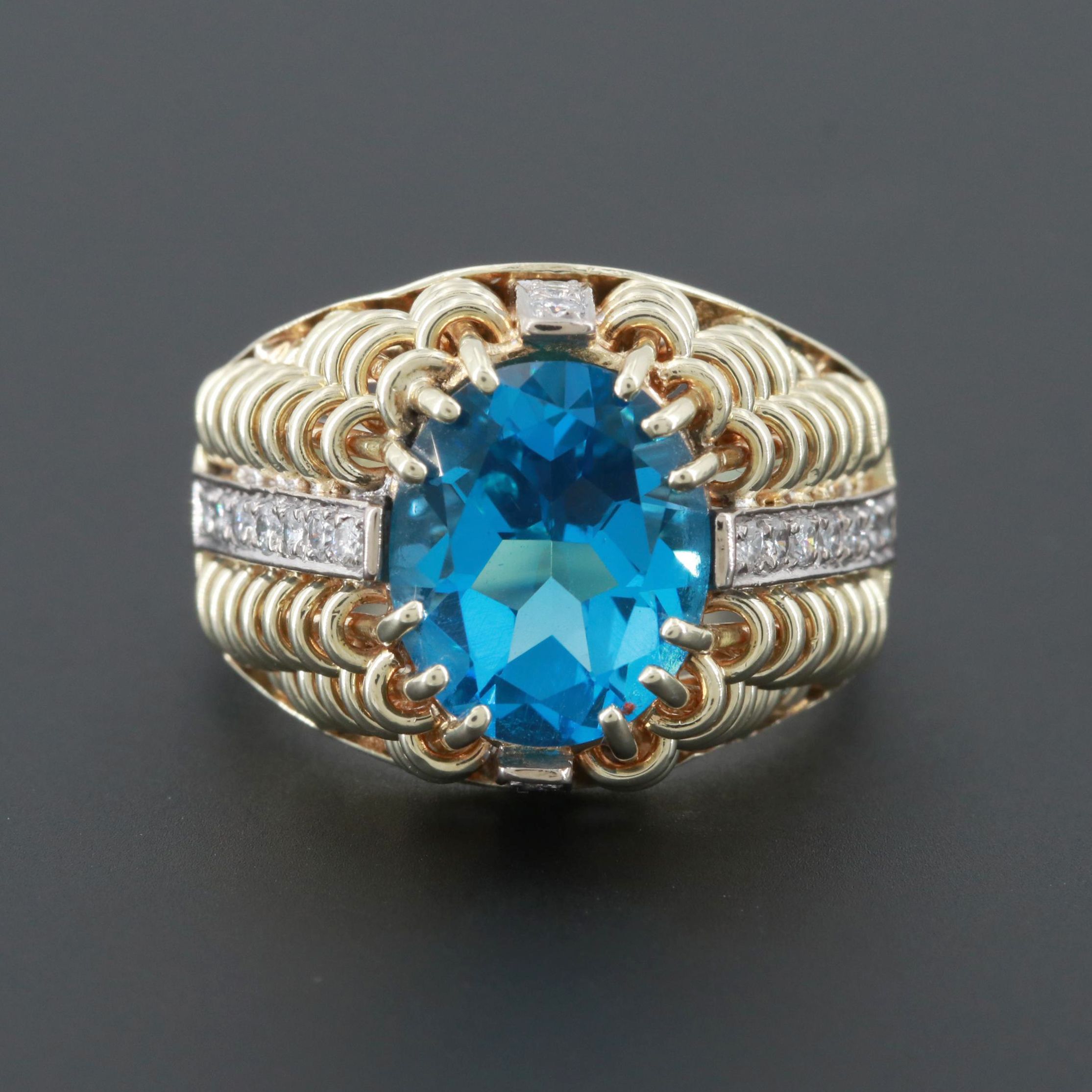 14K Yellow Gold Blue Topaz and Diamond Ring