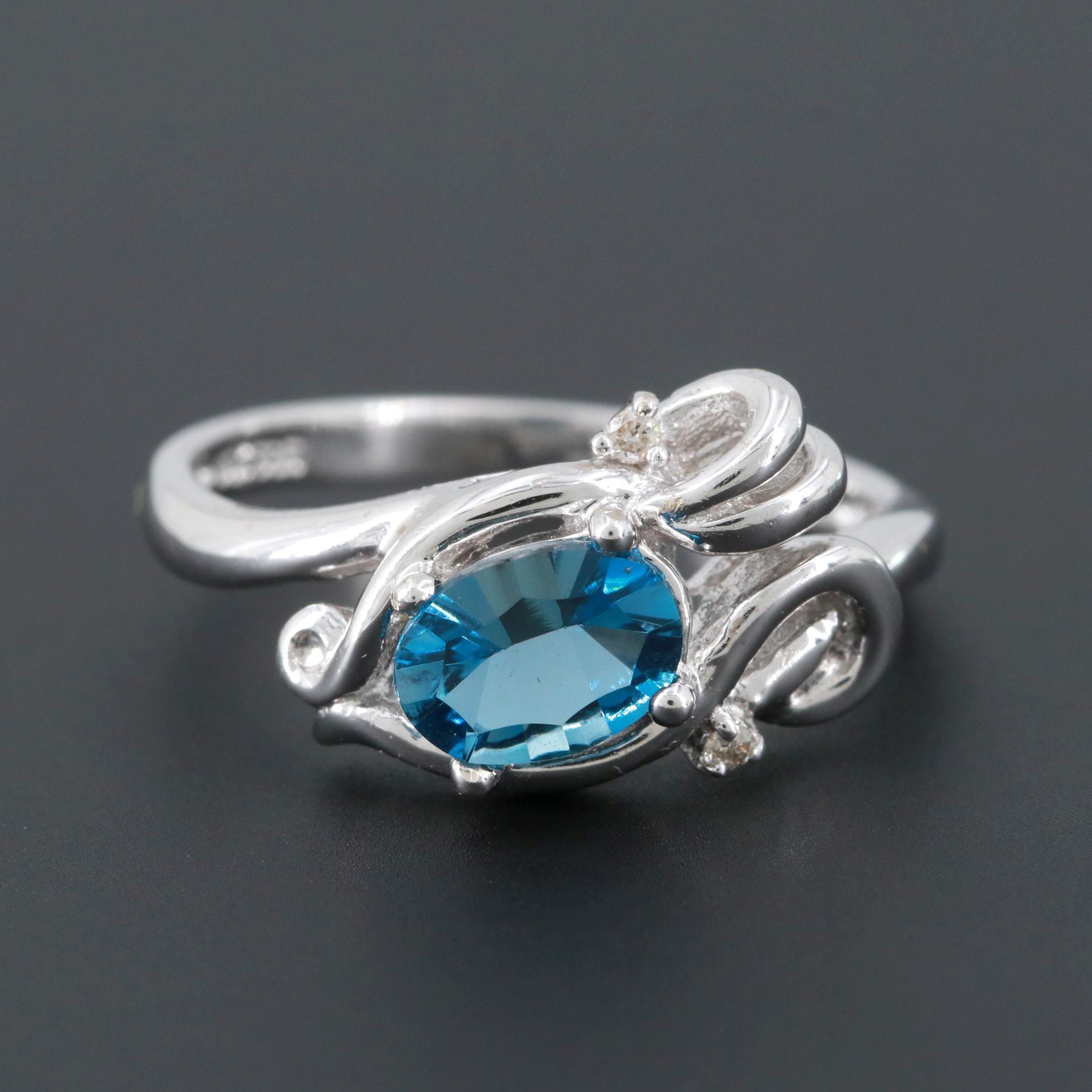 14K White Gold Blue Topaz and Diamond Ring