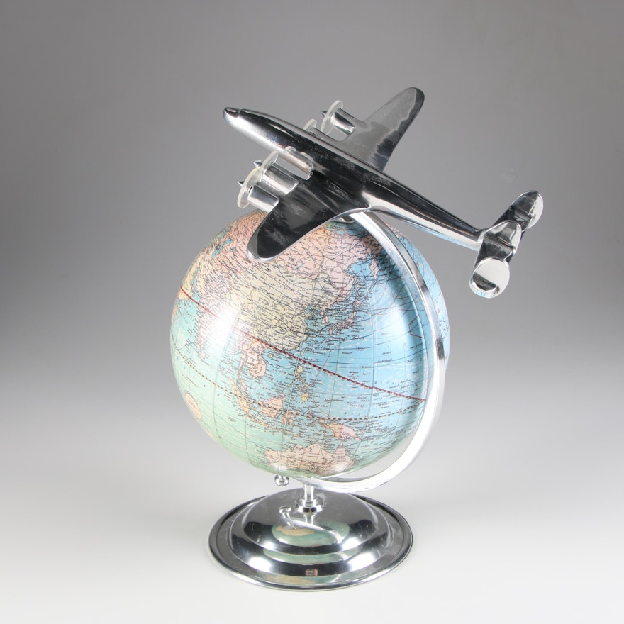 Weber Costello Co. Desk Globe with Airplane Top, Mid-Century