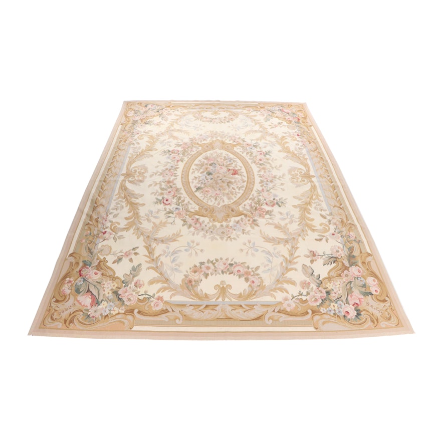 Handmade Indian Aubusson Style Woven and Needlepoint Rug