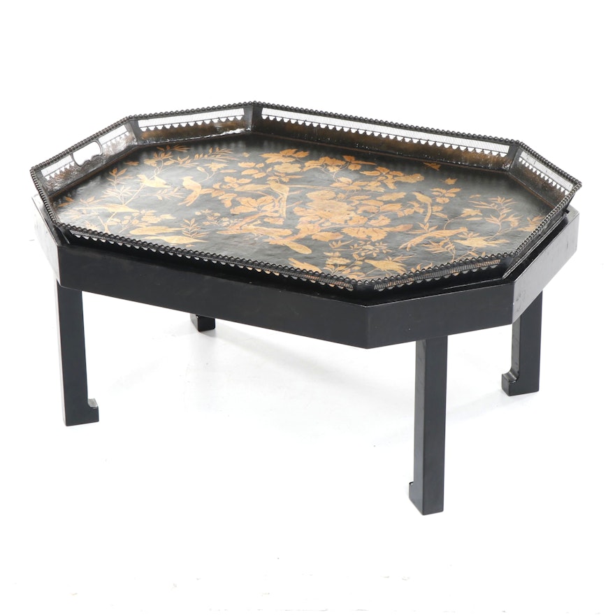 French Black and Gold Coffee Table With Metal Tray Top