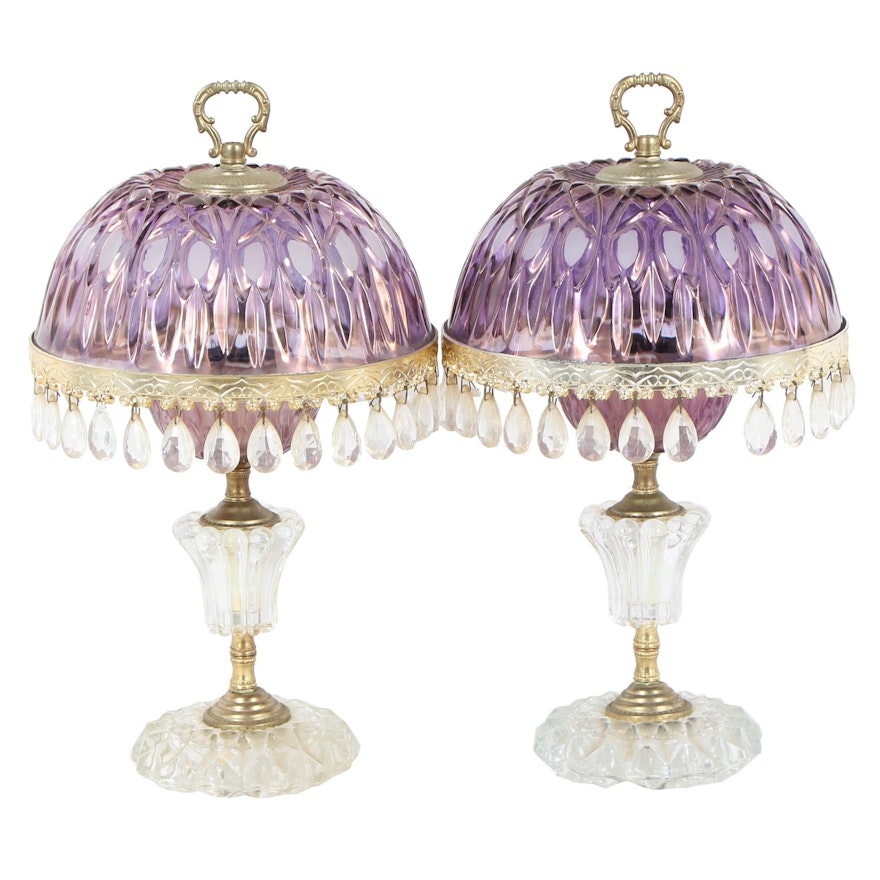 Lavender Tint Glass Boudoir Lamps with Teardrops, Mid 20th Century