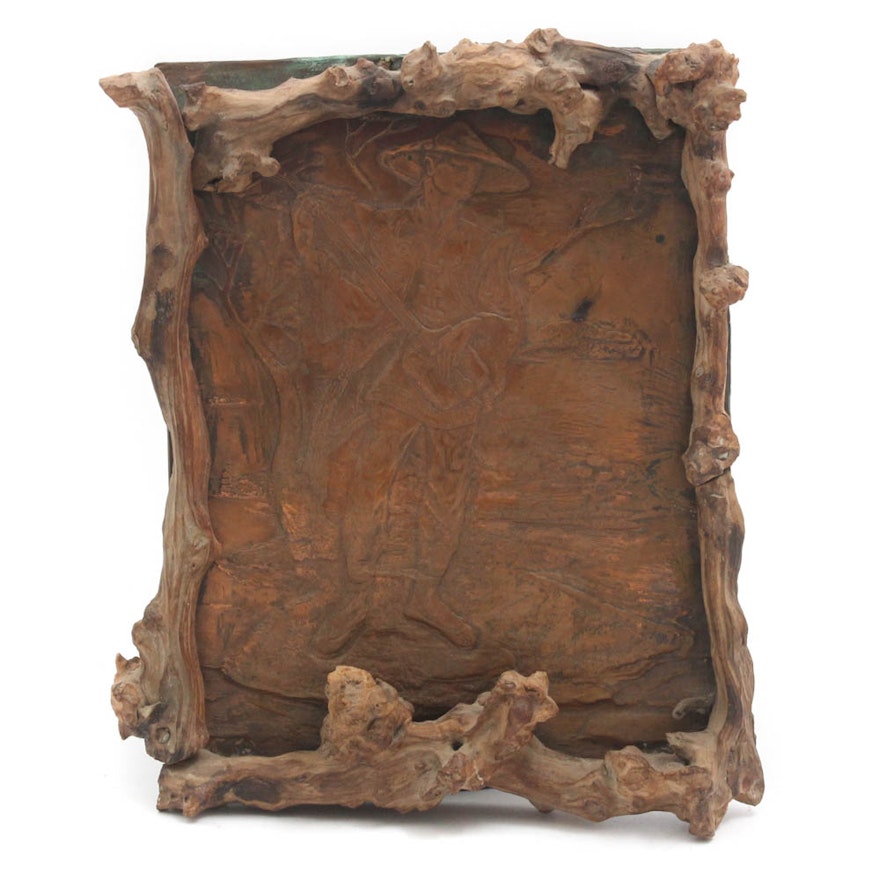 Chinese Inspired Impressed Copper Wall Decor in Rustic Wood Frame