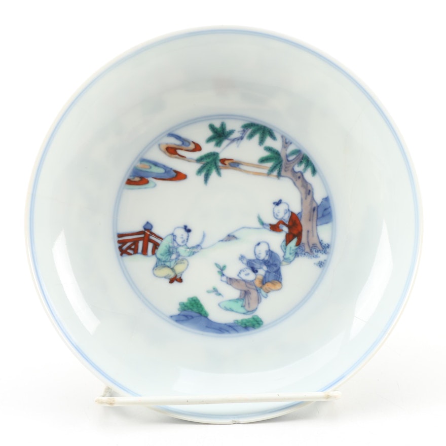Chinese Doucai Porcelain Dish with Polychrome Enamels, 17th/18th Century