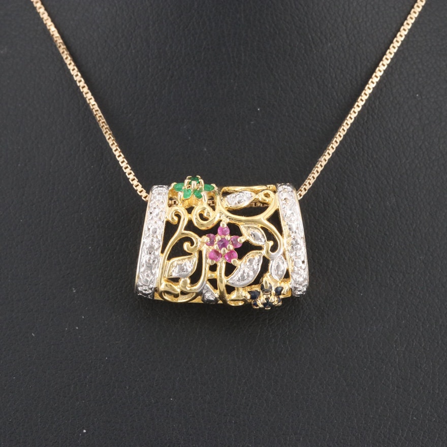 Gold Wash on Sterling Emerald, Ruby, Sapphire and Diamond Pendant Necklace