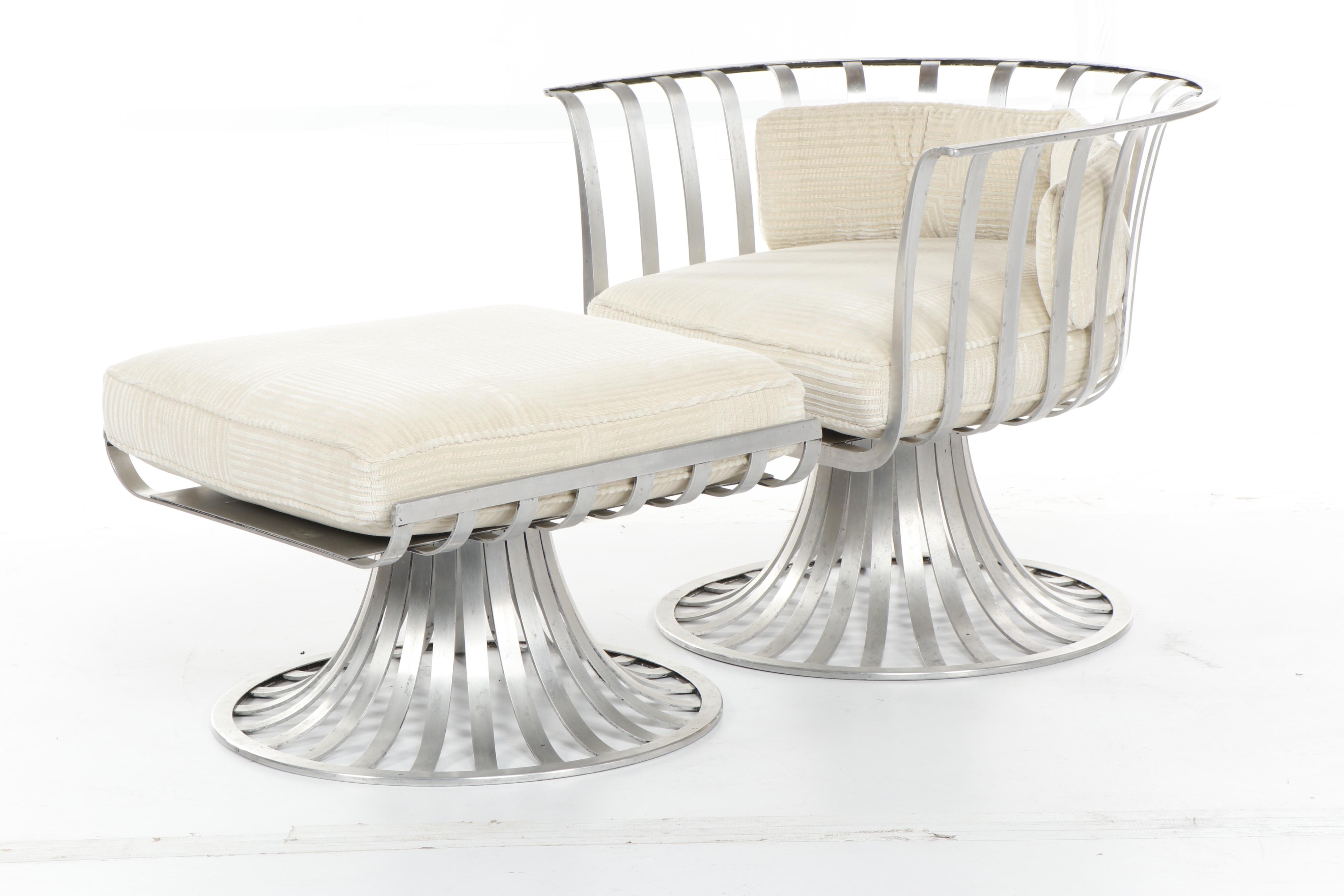 Russell Woodard Modern Aluminum Chair and Ottoman, 1960s