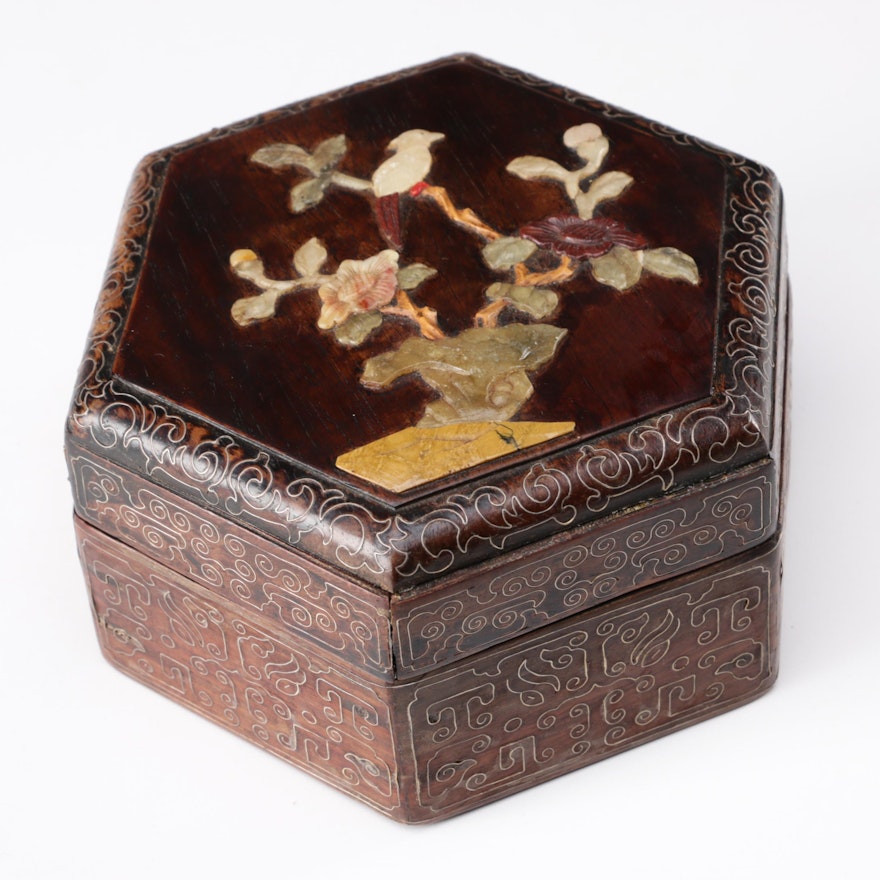 Chinese Octagonal Hardwood Box with Shoushan Soapstone Carving, Qing Dynasty