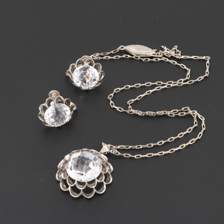 Vintage Sterling Silver Rose Quartz Necklace and Earrings Set