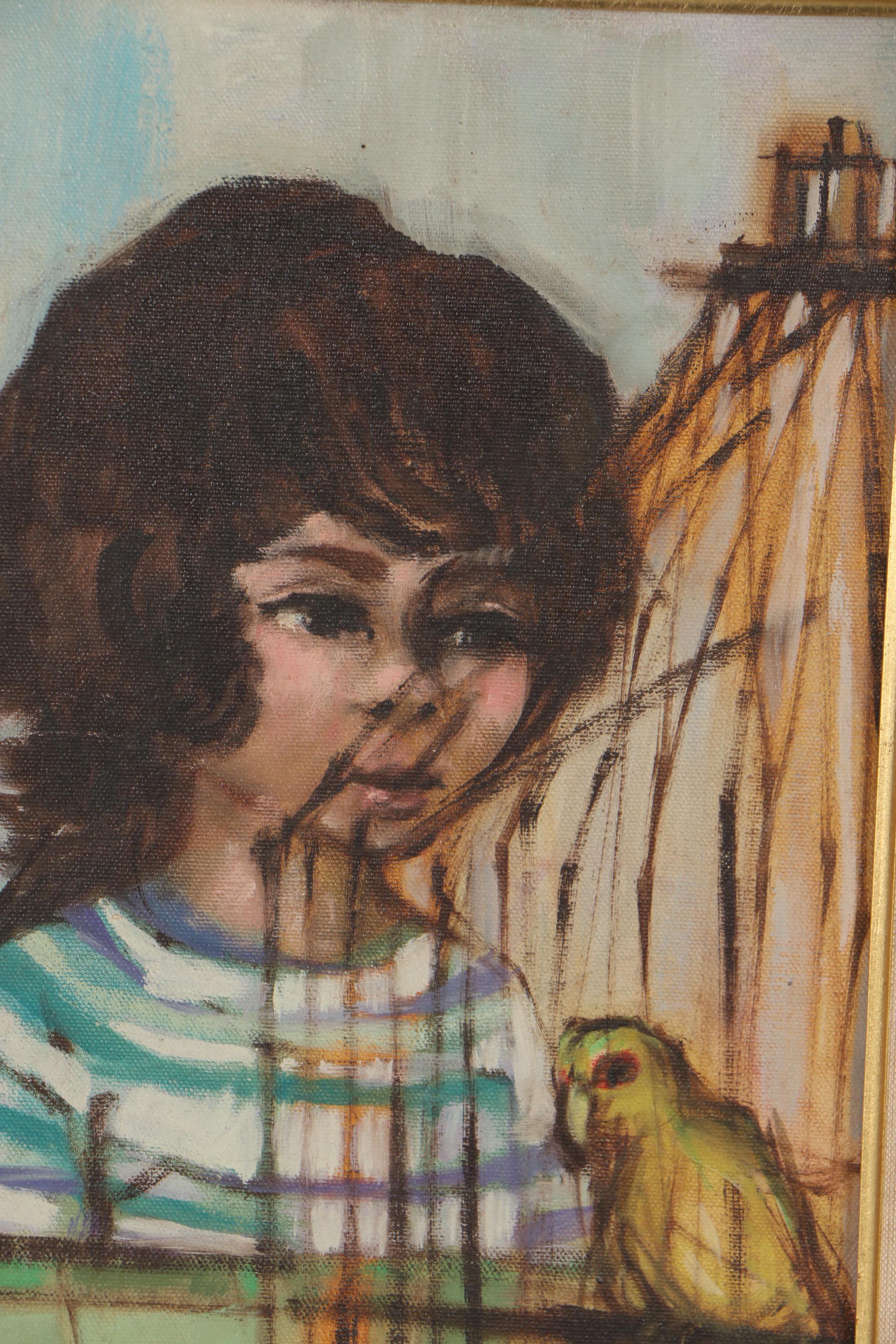 Nicholas Takis Portrait Oil Painting of Boy with Canary