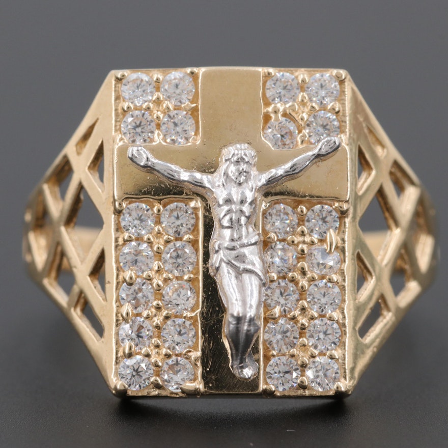 14K Yellow Gold Cubic Zirconia Crucifix Ring with White Gold Accents