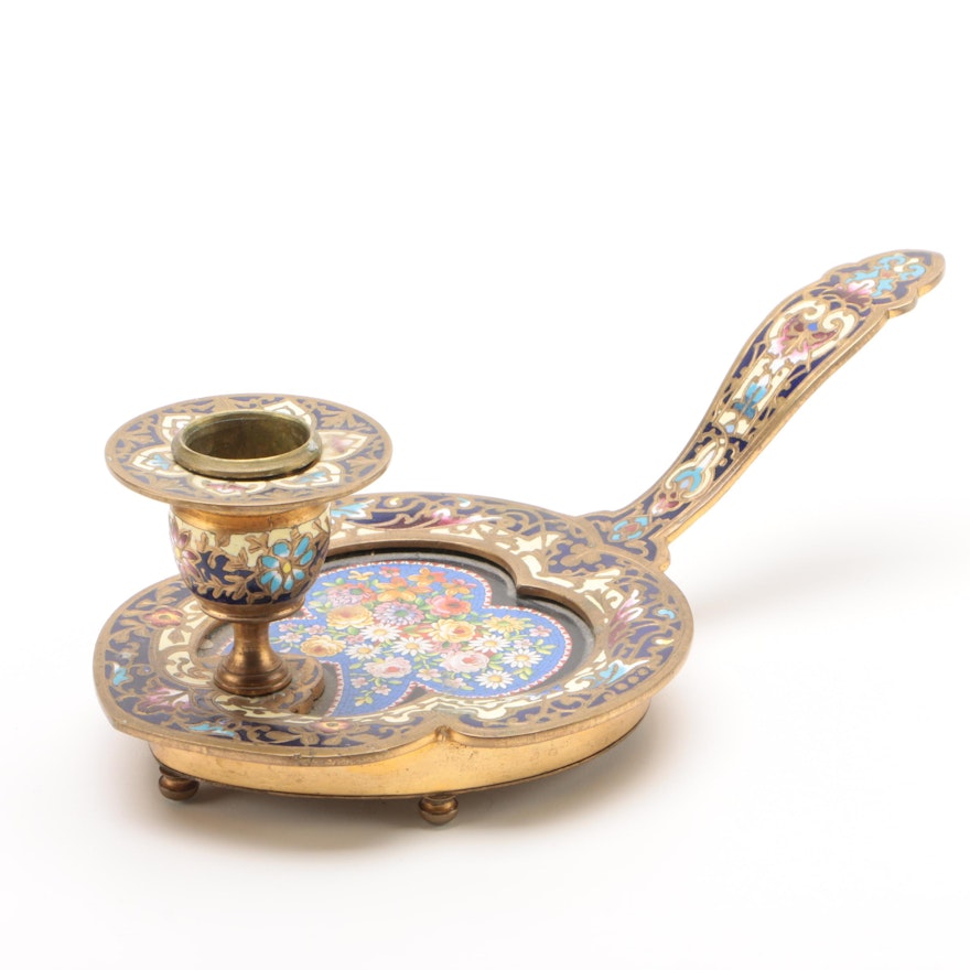 French Champleve Enamel and Micro-mosaic Chamber Candlestick, Late 19th Century