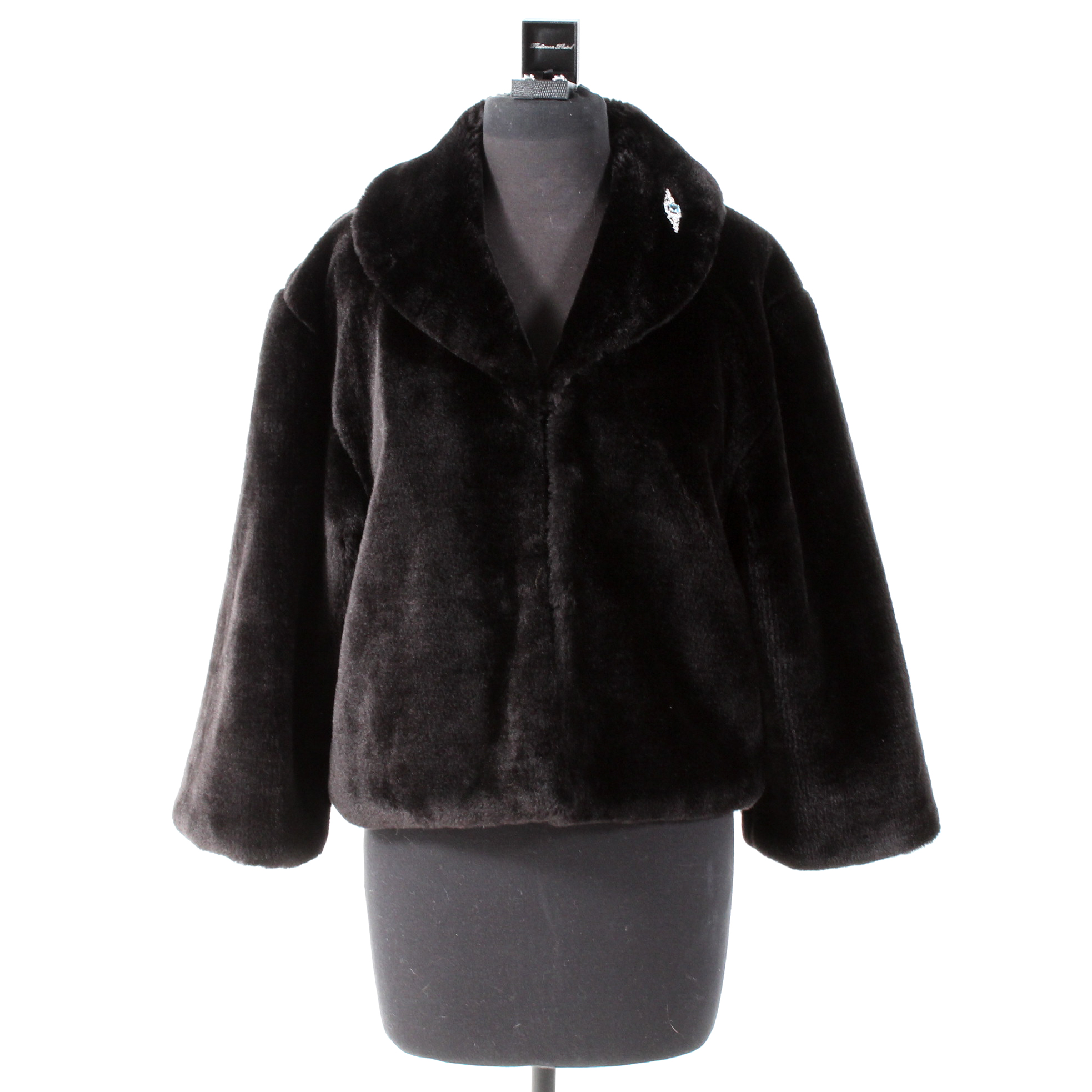 Black Faux Fur Jacket with Costume Brooch and Earrings