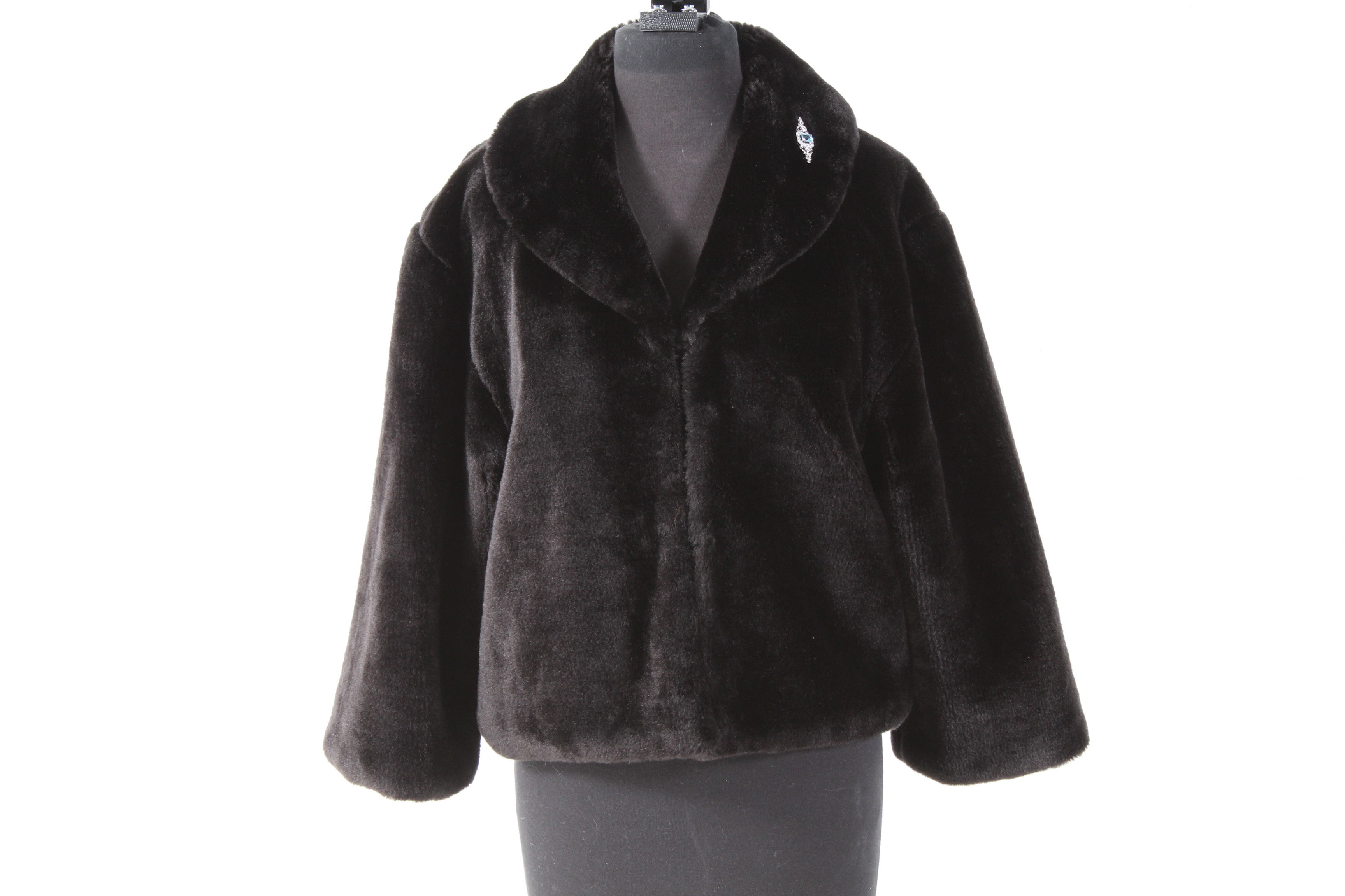 Black Faux Fur Jacket with Costume Brooch and Earrings