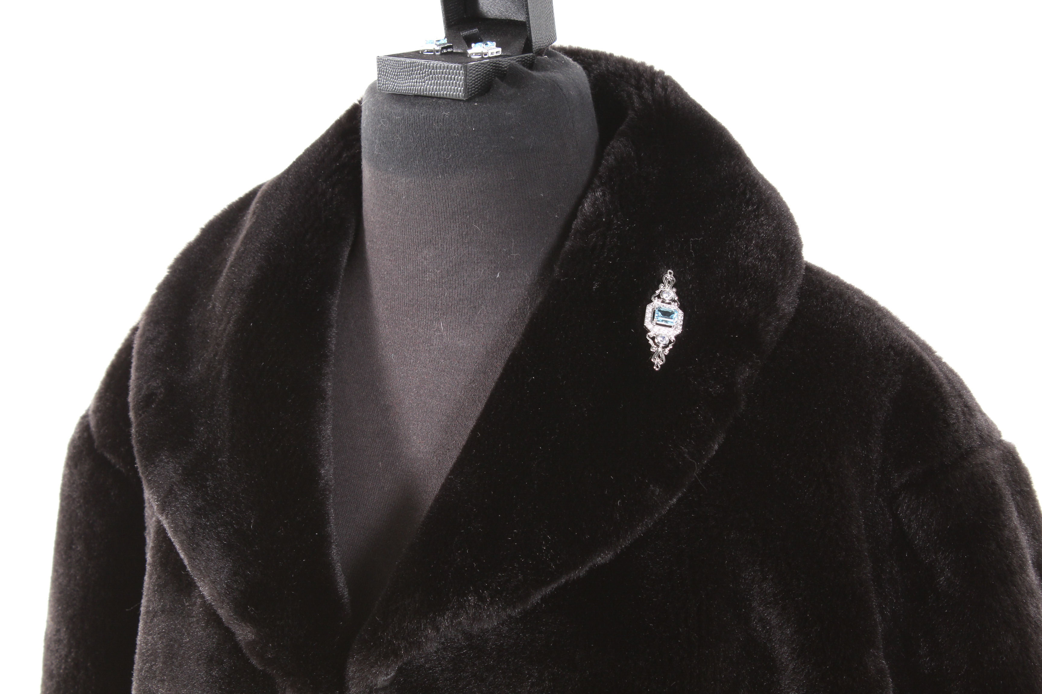 Black Faux Fur Jacket with Costume Brooch and Earrings