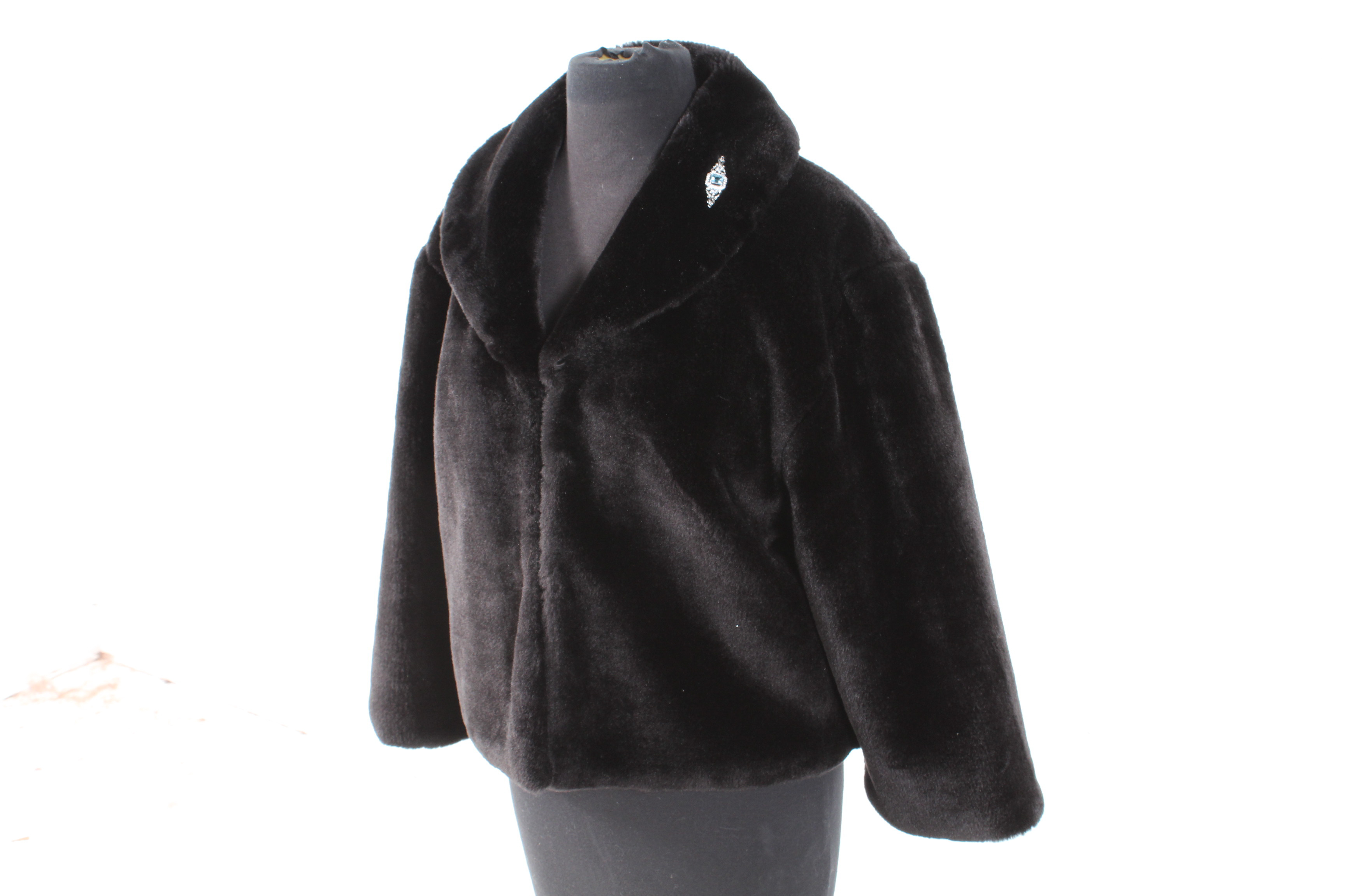 Black Faux Fur Jacket with Costume Brooch and Earrings