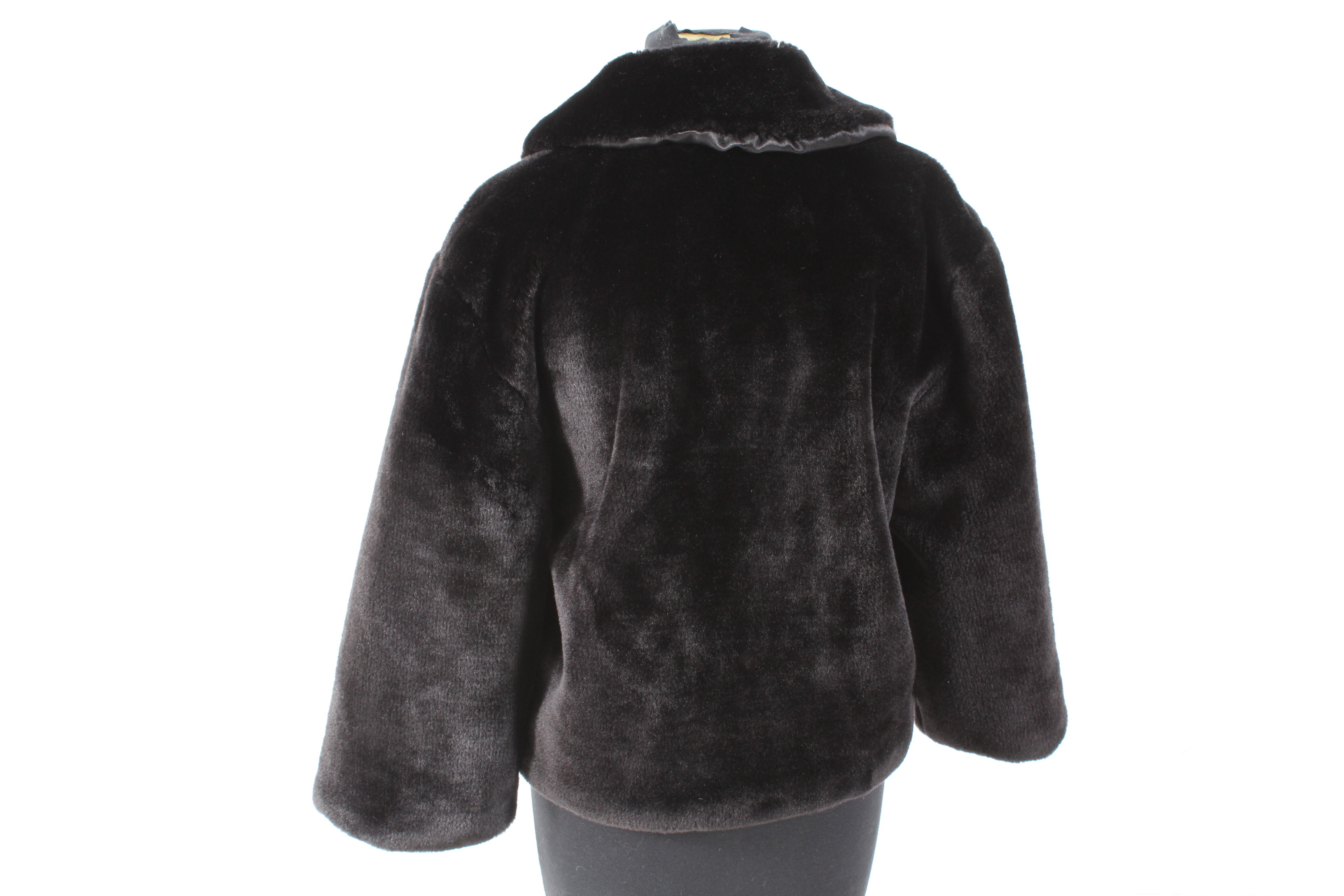Black Faux Fur Jacket with Costume Brooch and Earrings