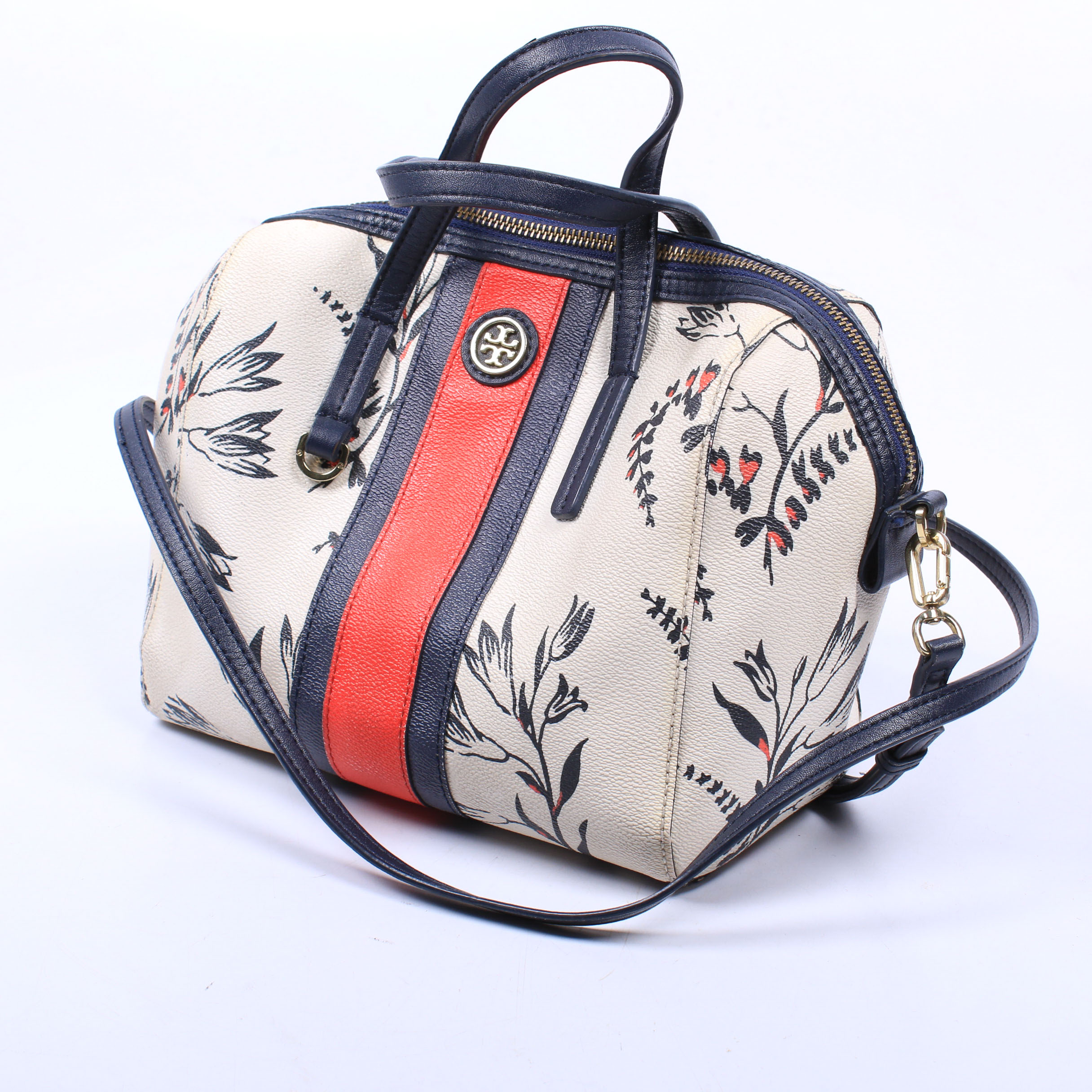Tory Burch Kerrington Cape Coated Canvas and Navy Blue Leather Satchel