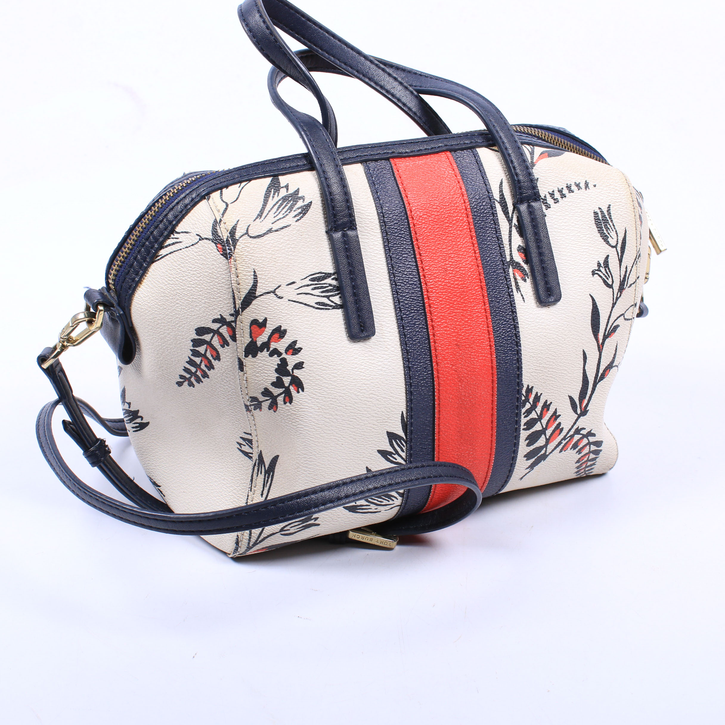 Tory Burch Kerrington Cape Coated Canvas and Navy Blue Leather Satchel