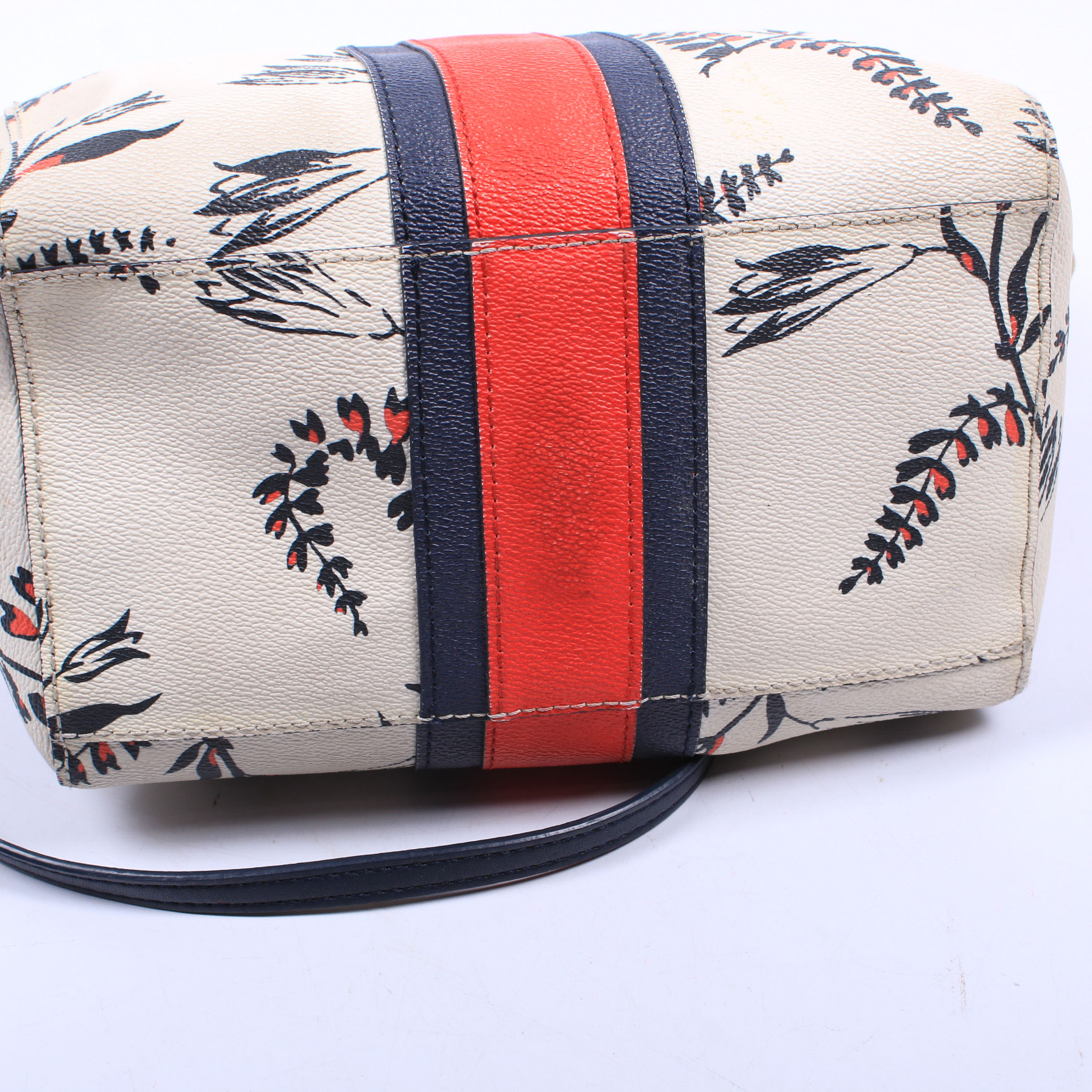 Tory Burch Kerrington Cape Coated Canvas and Navy Blue Leather Satchel