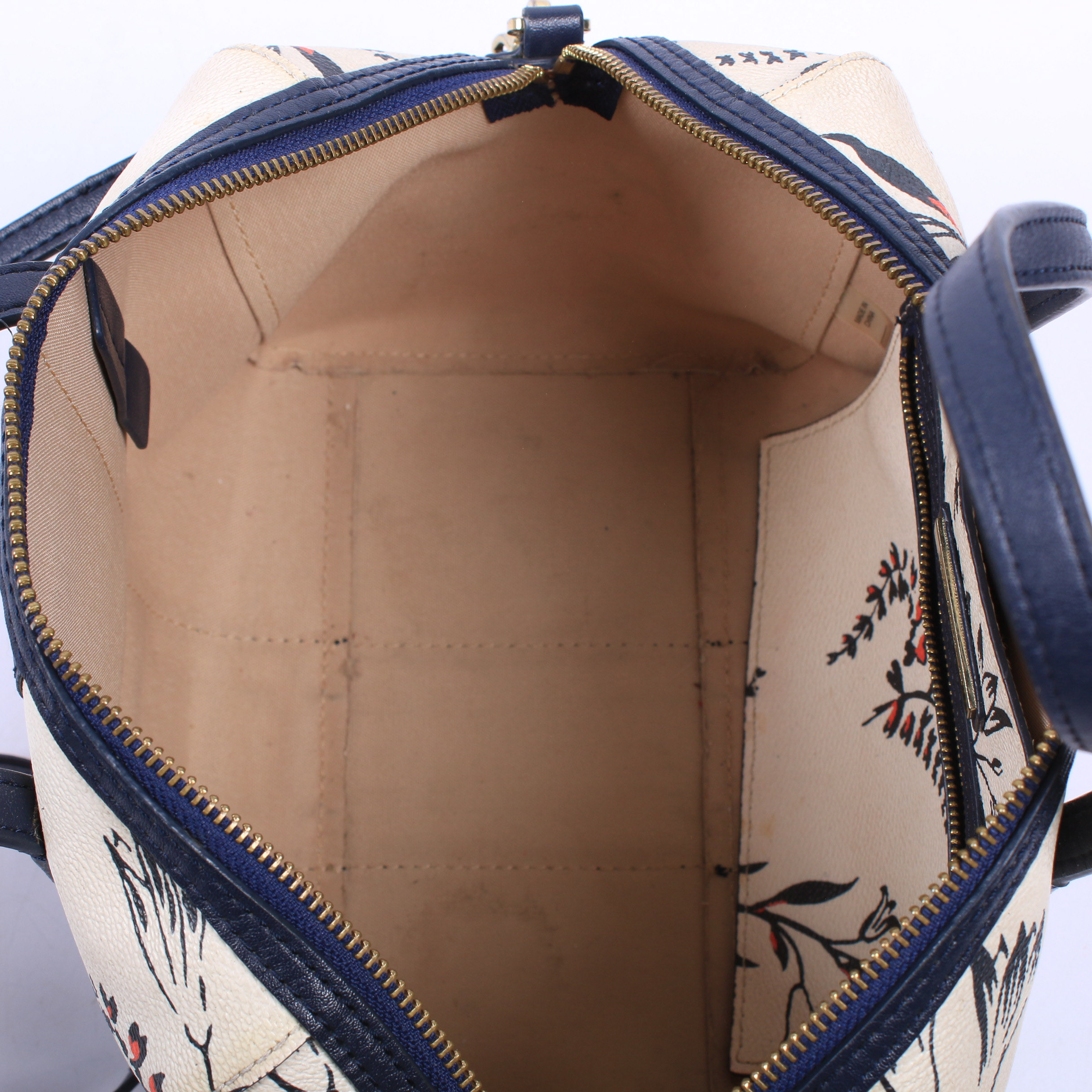 Tory Burch Kerrington Cape Coated Canvas and Navy Blue Leather Satchel