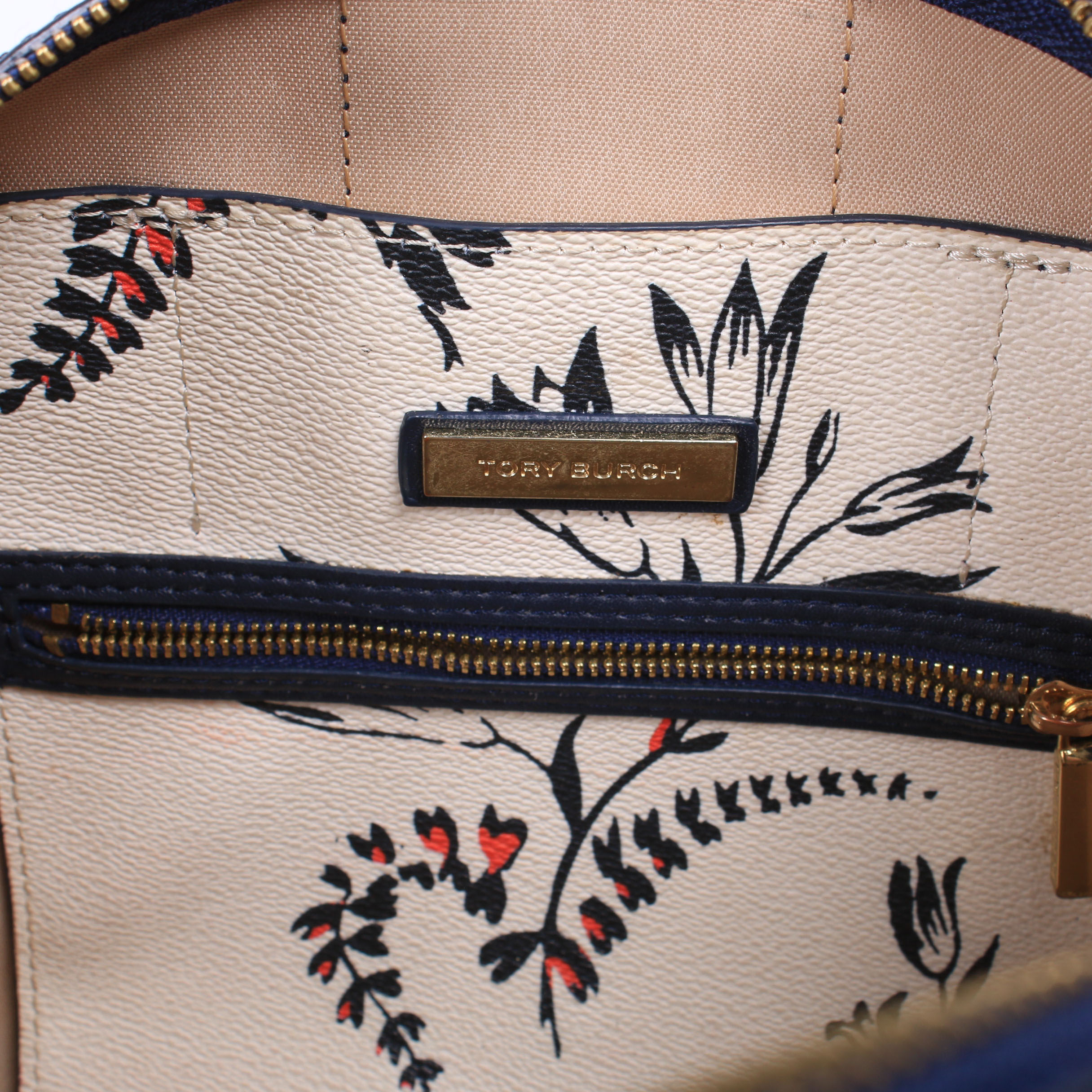 Tory Burch Kerrington Cape Coated Canvas and Navy Blue Leather Satchel