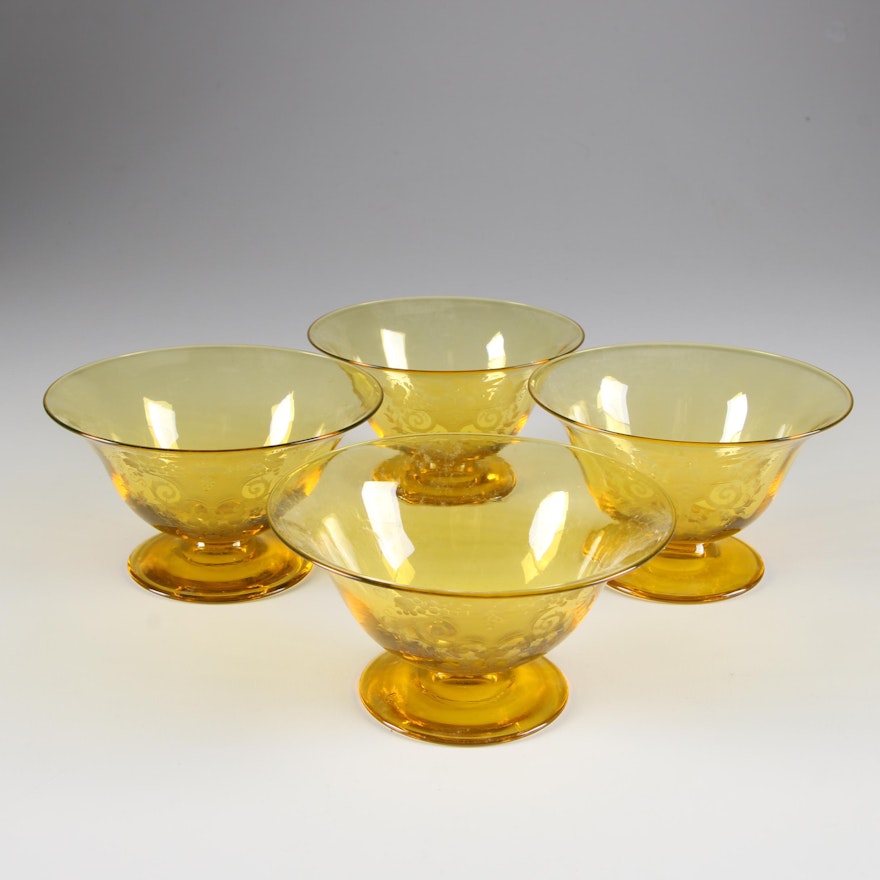 Steuben Bristol Yellow "Autumn" Engraved Art Glass Sherbets, Early 20th Century