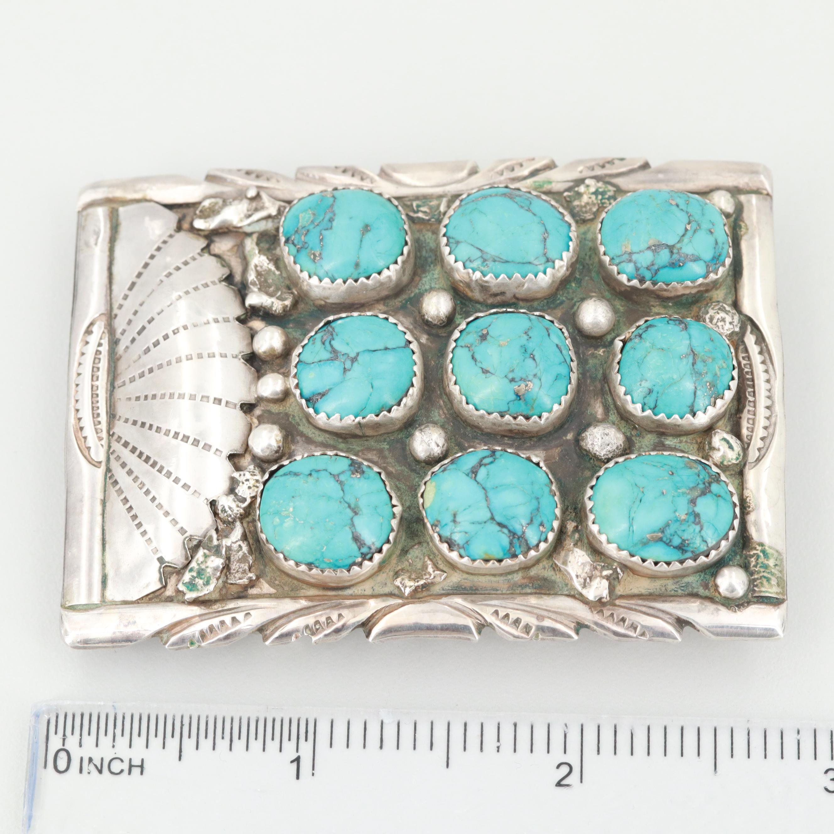 Caroline Tawangyaouma Hopi Sterling Silver Turquoise Belt Buckle