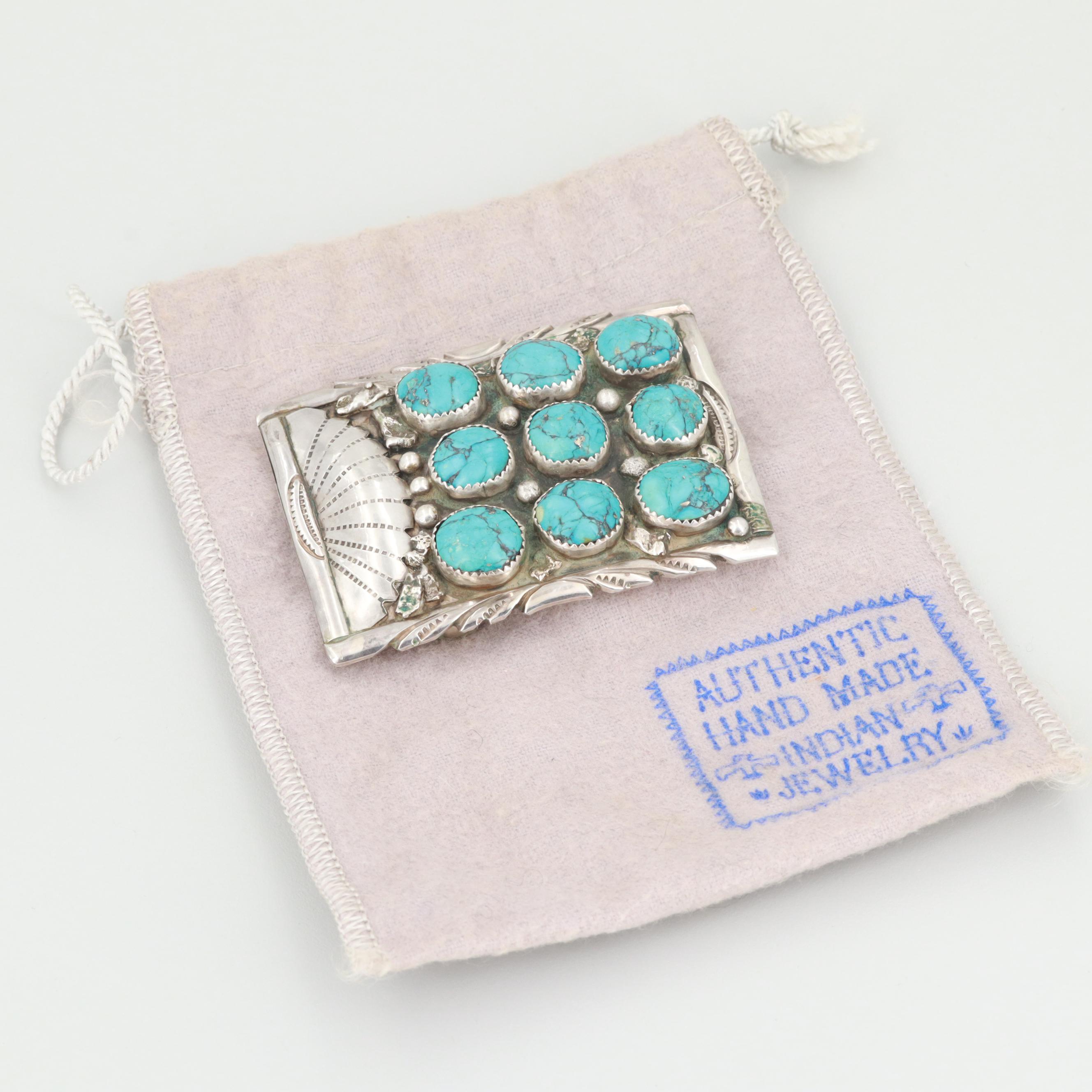 Caroline Tawangyaouma Hopi Sterling Silver Turquoise Belt Buckle