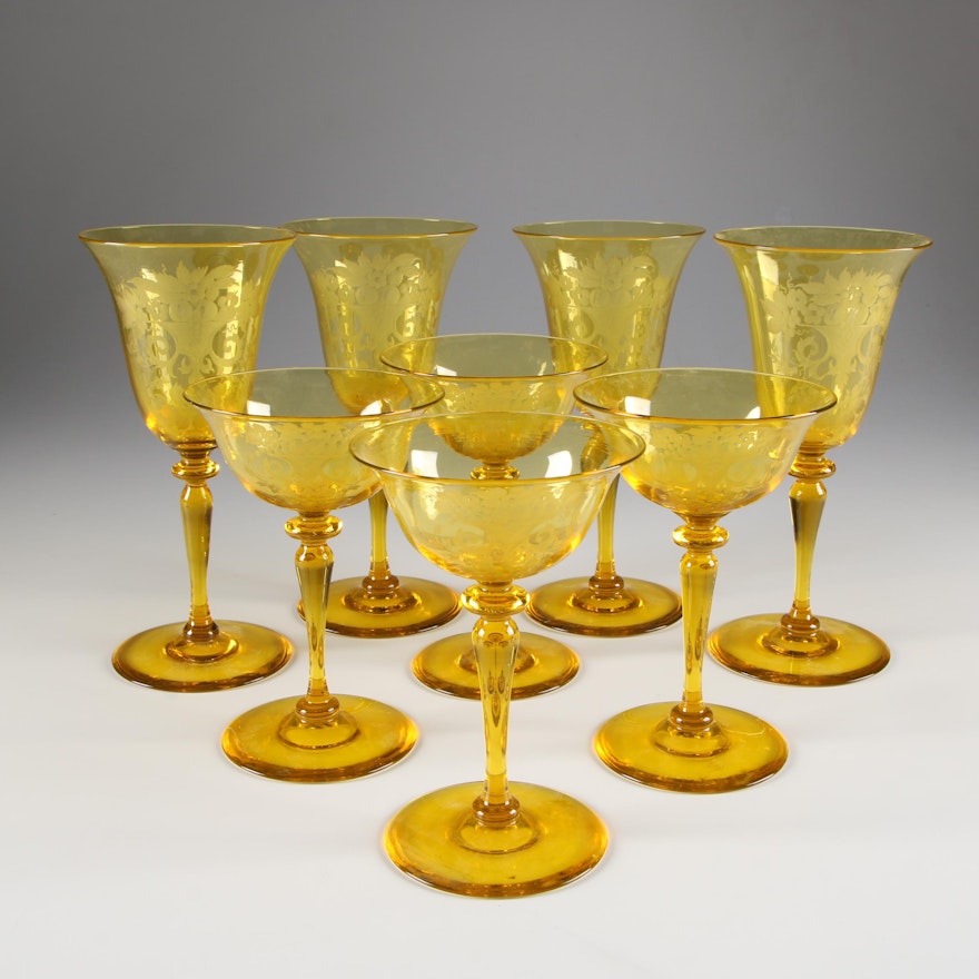 Steuben Bristol Yellow "Autumn" Engraved Art Glass Champagne Coupes and Goblets