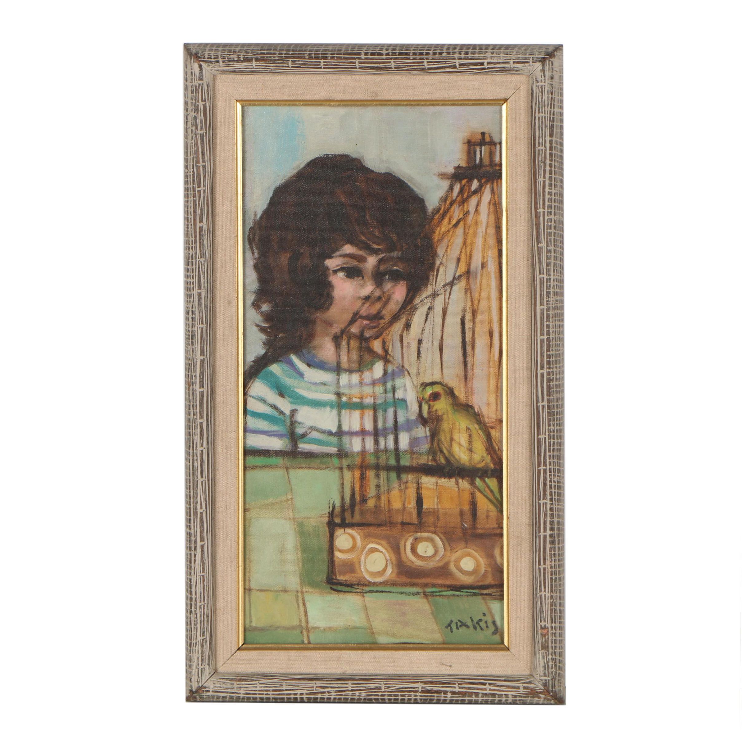 Nicholas Takis Portrait Oil Painting of Boy with Canary