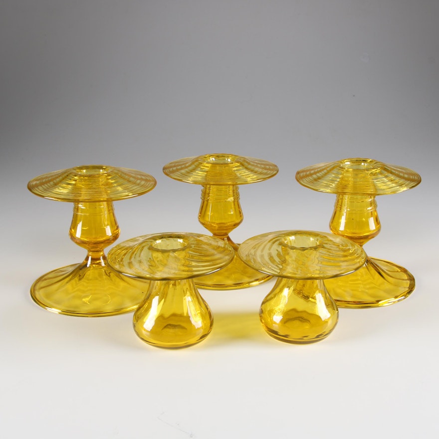 Steuben Bristol Yellow Reeded Candlesticks and Optic Ribbed Vases, 1903-1933