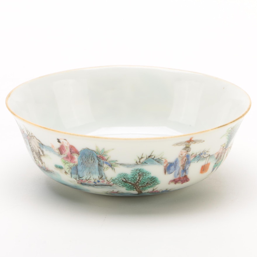 Chinese Hand-Painted Porcelain Bowl with Pastoral Scene, Qing Dynasty