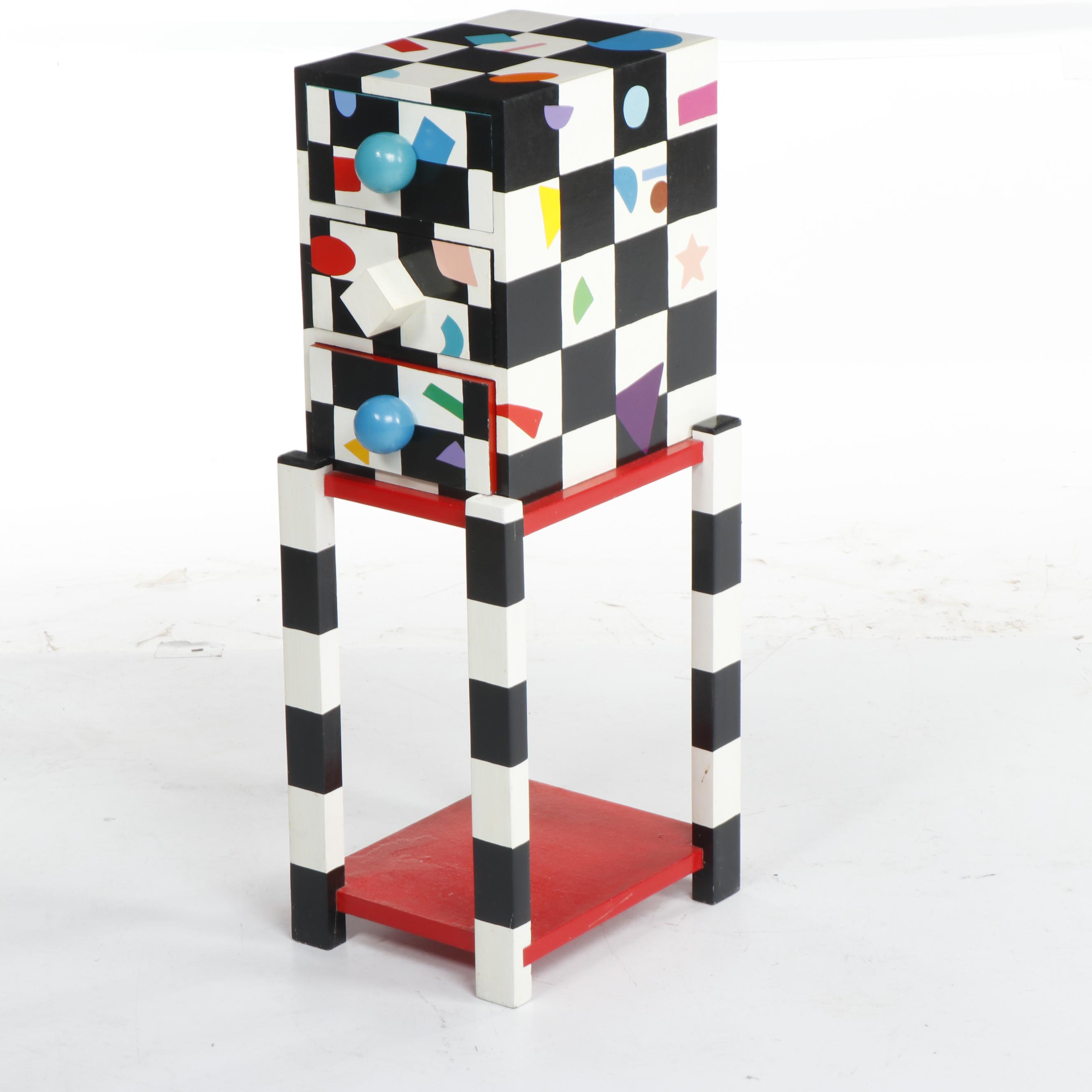 Memphis Style Colorful Painted Geometric Shape Side Table With Drawers, C. 1980s
