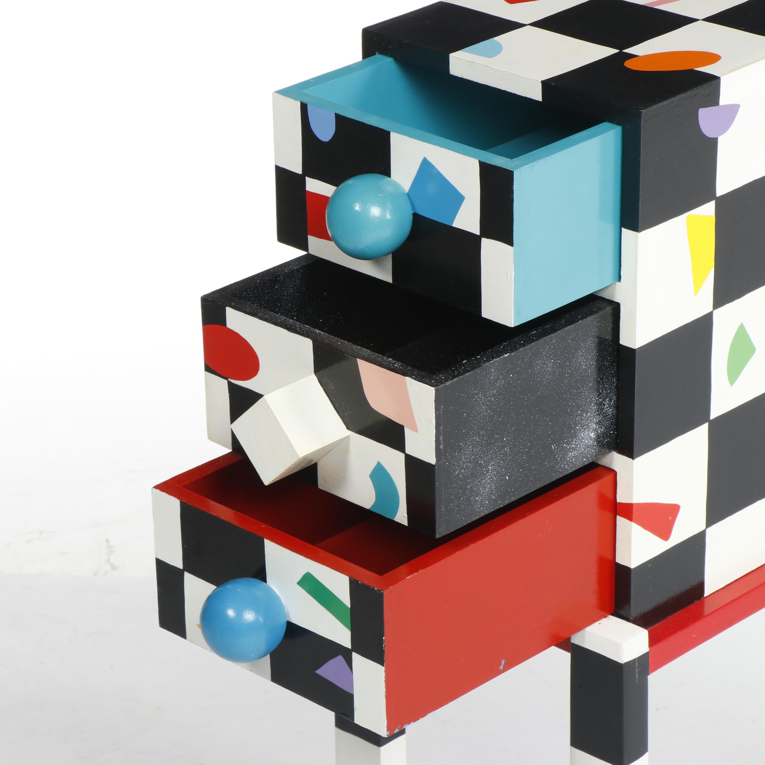 Memphis Style Colorful Painted Geometric Shape Side Table With Drawers, C. 1980s