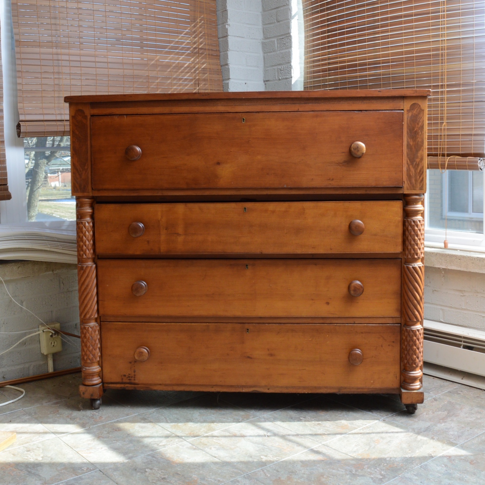 American Empire Maple and Inlaid Mahogany Chest of Drawers, Early to Mid 19th C.