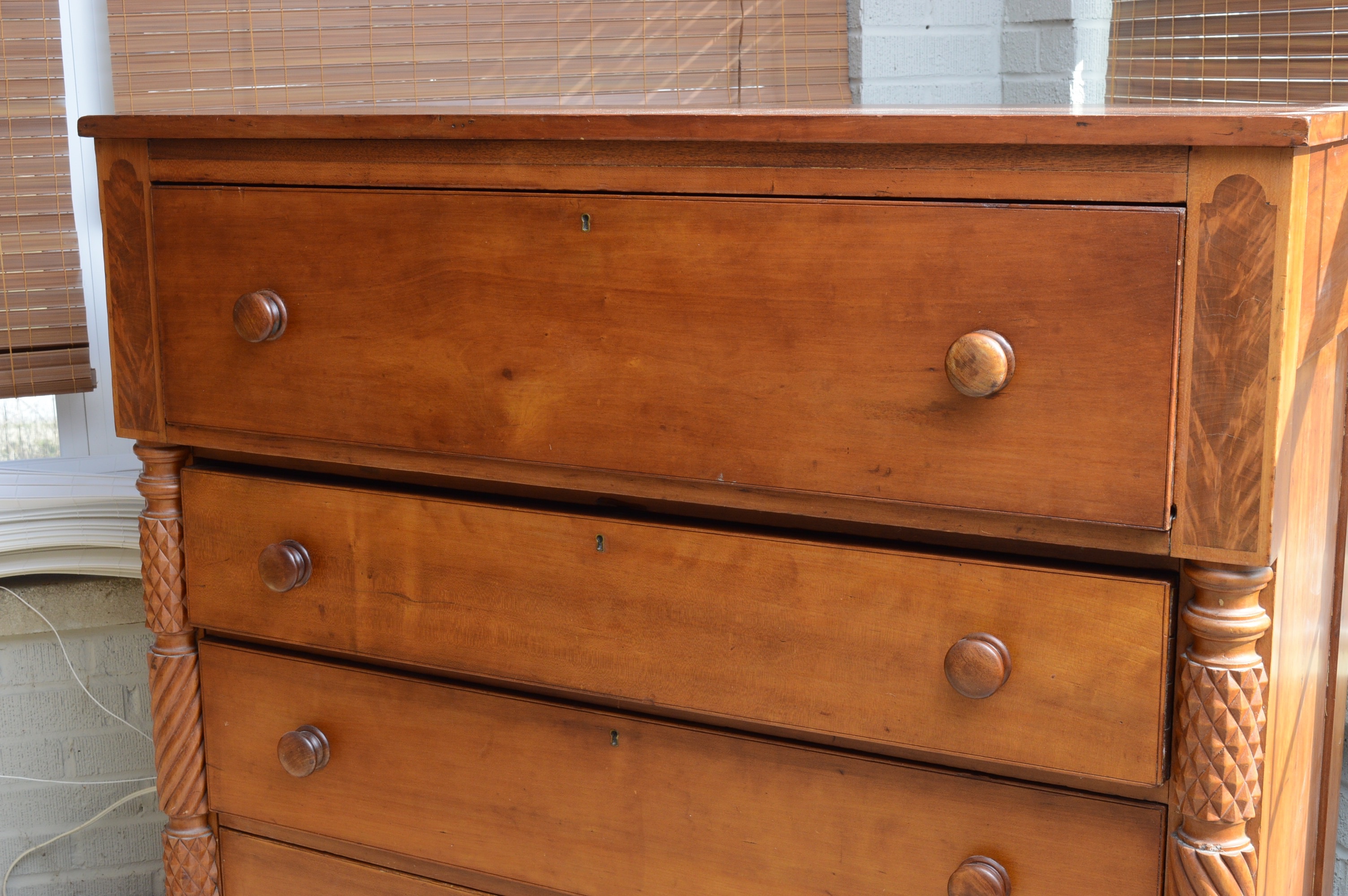American Empire Maple and Inlaid Mahogany Chest of Drawers, Early to Mid 19th C.