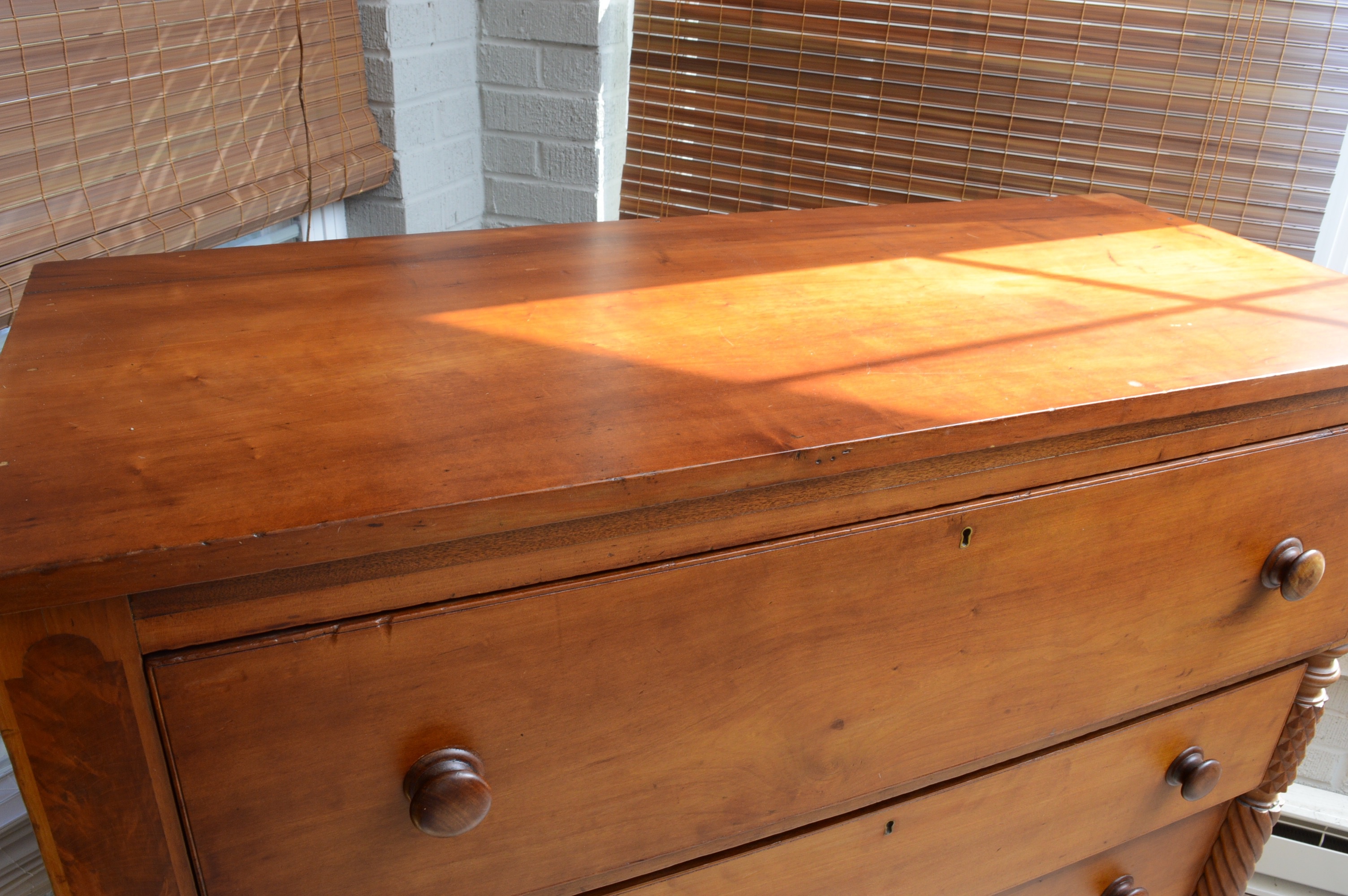American Empire Maple and Inlaid Mahogany Chest of Drawers, Early to Mid 19th C.