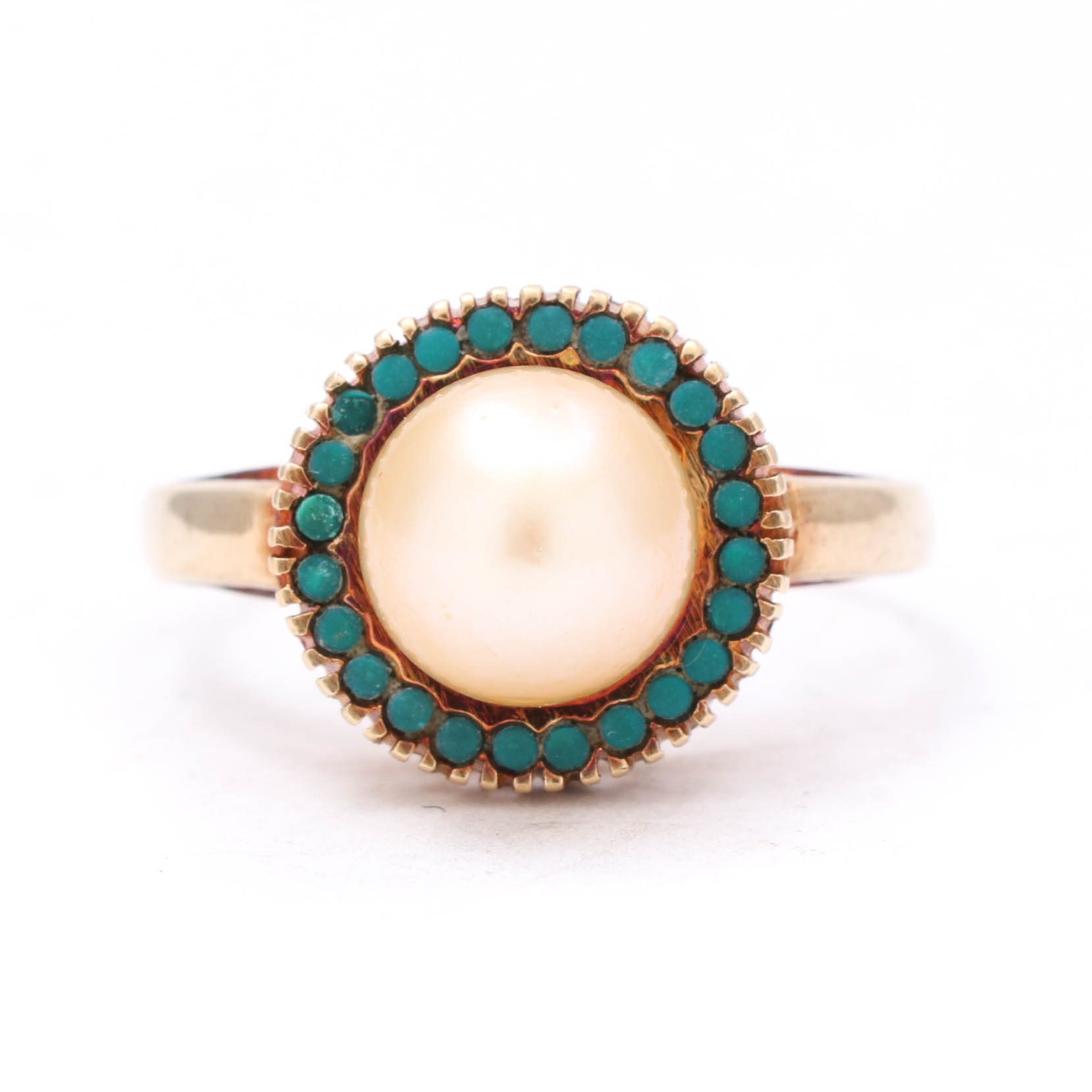 14K Yellow Gold Pearl and Turquoise Ring