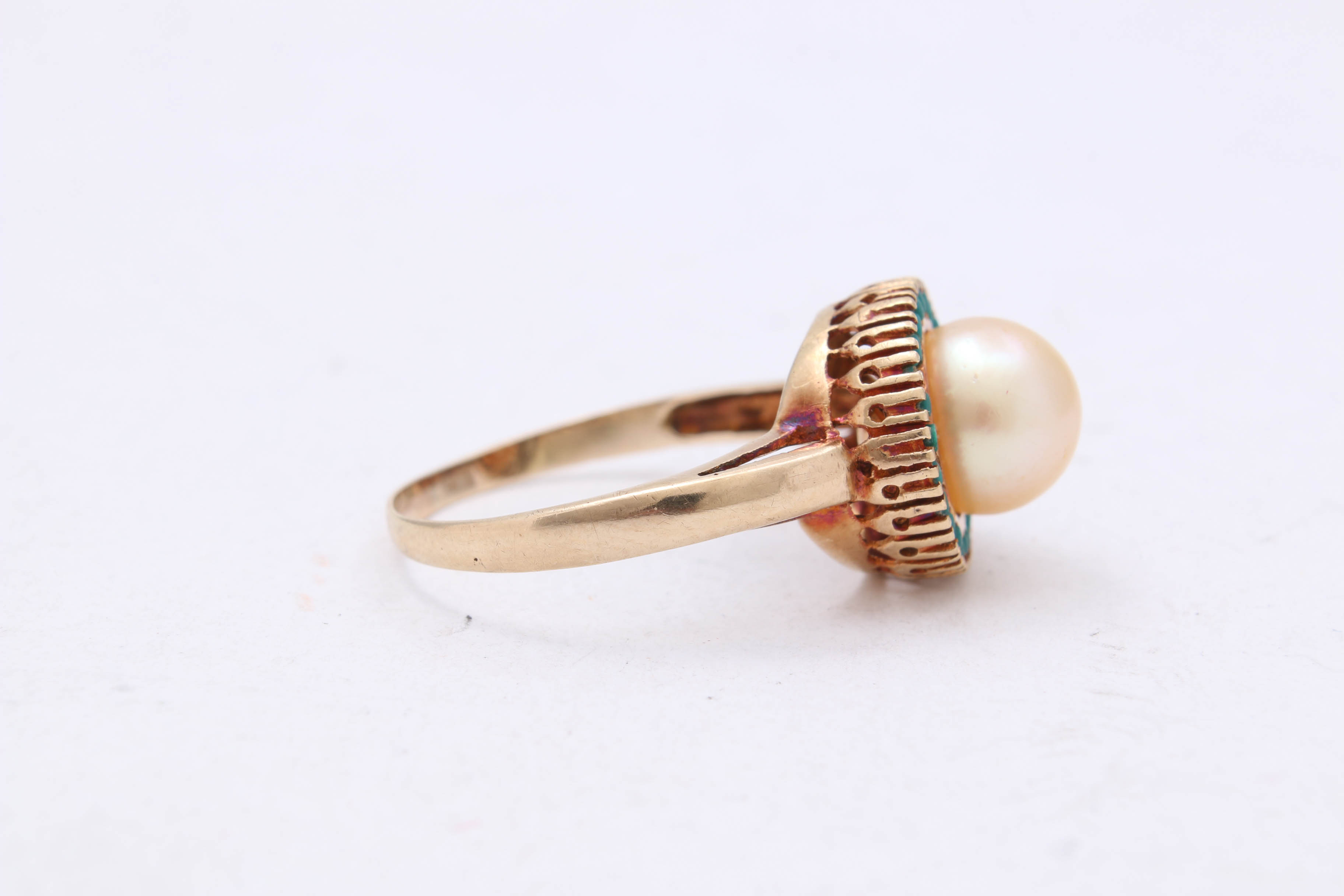 14K Yellow Gold Pearl and Turquoise Ring