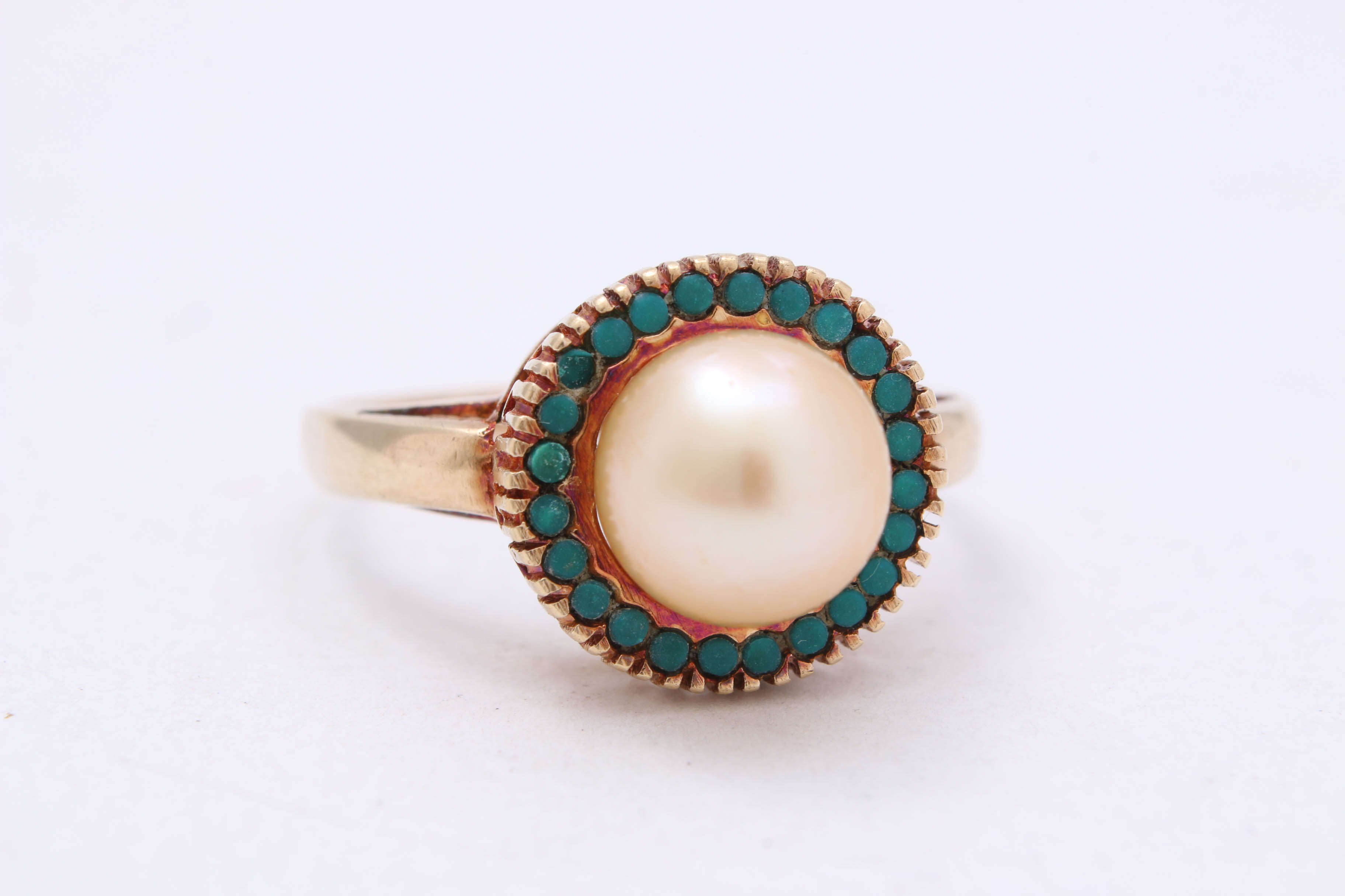 14K Yellow Gold Pearl and Turquoise Ring