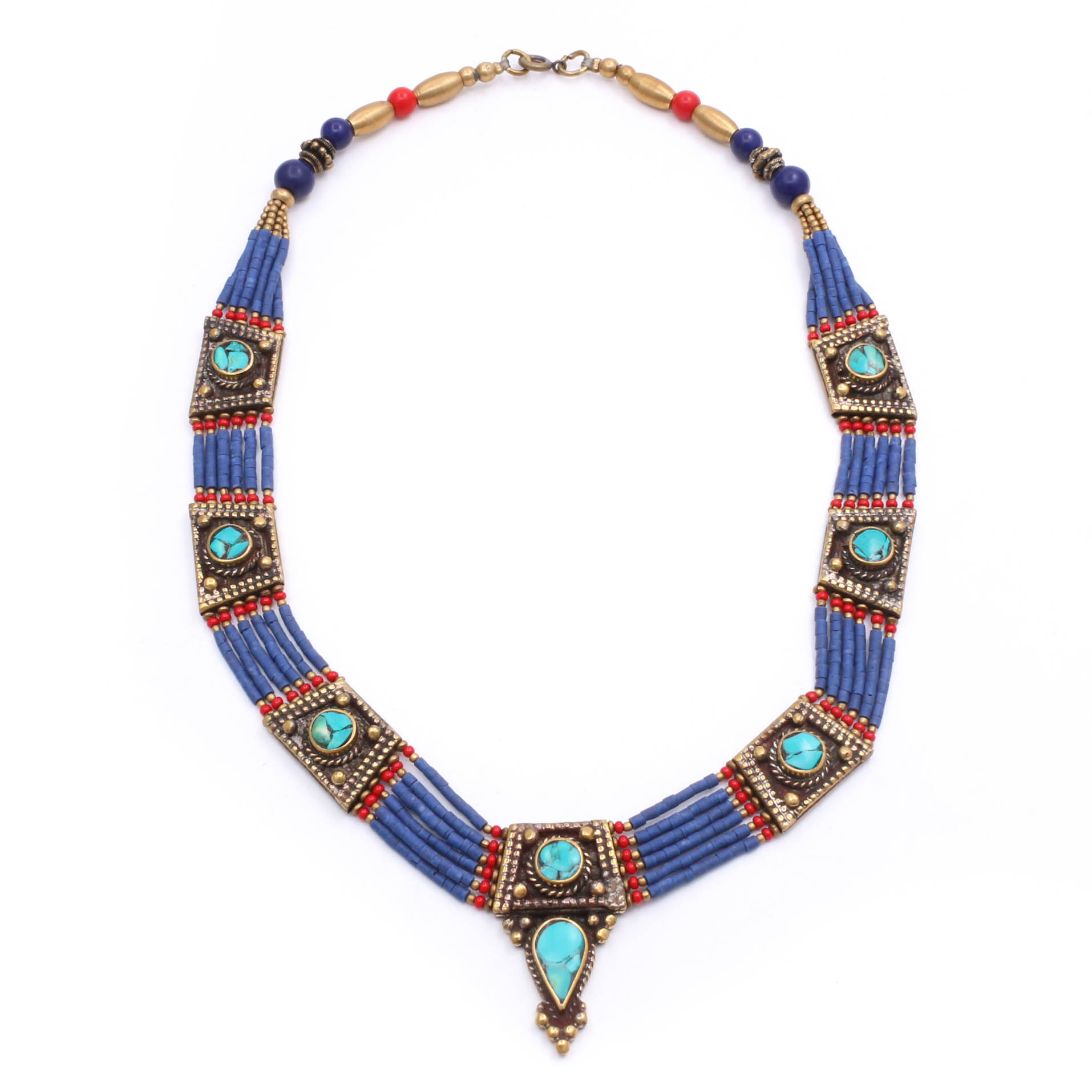 Vintage Gold Tone Turquoise Inlay Panel Necklace