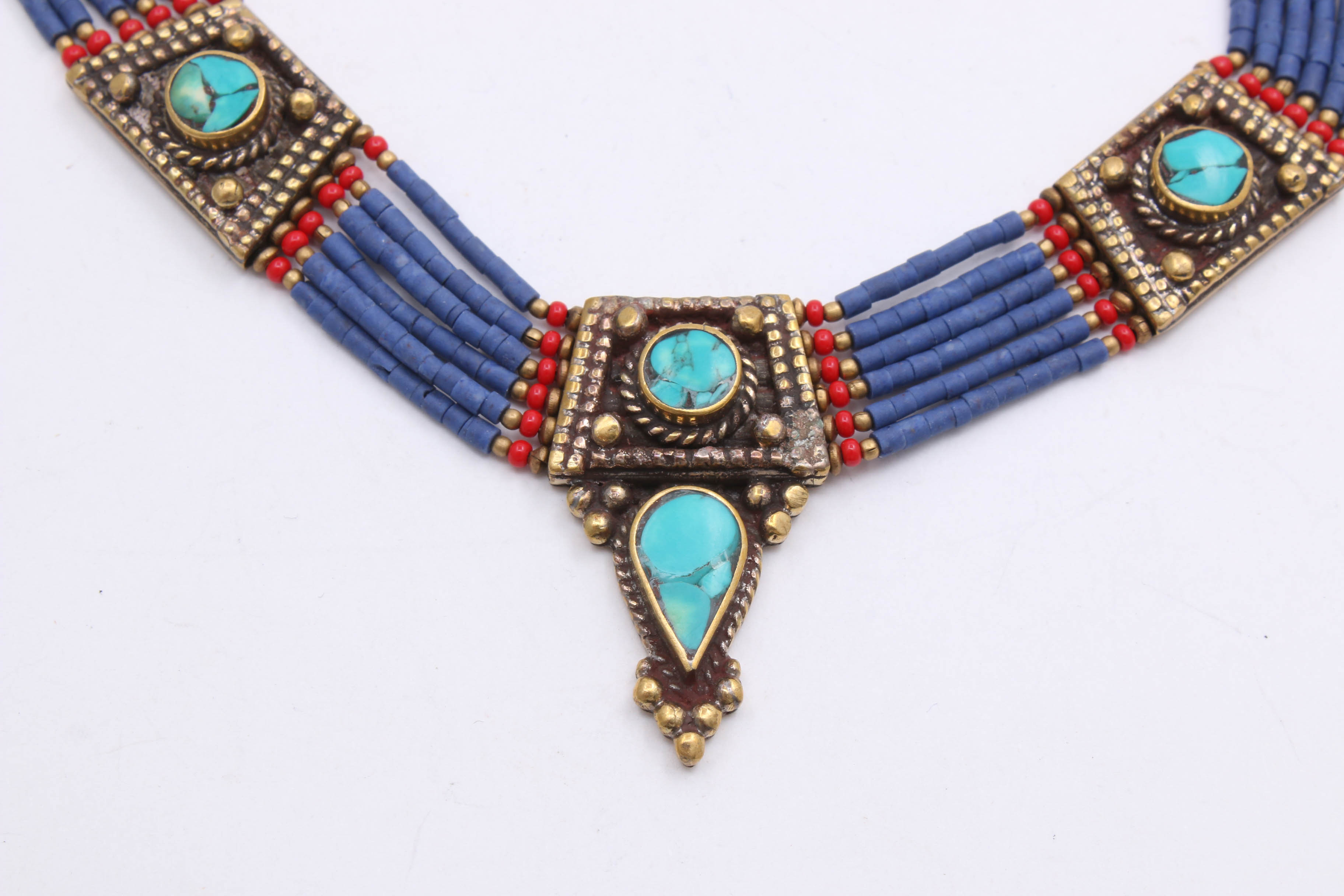 Vintage Gold Tone Turquoise Inlay Panel Necklace